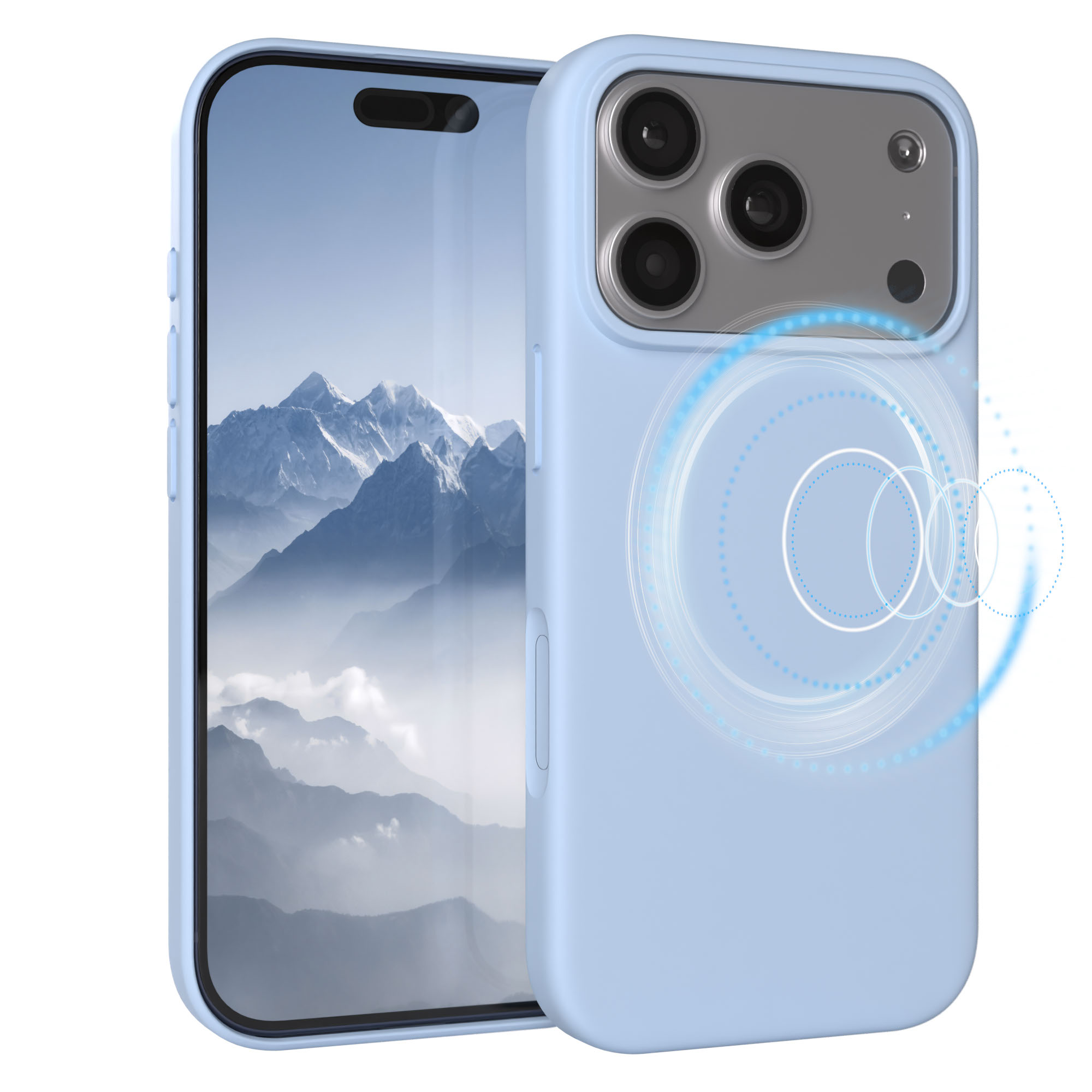 Ein hellblaues Handy mit Bergmotiv auf dem Bildschirm und Kameras.
