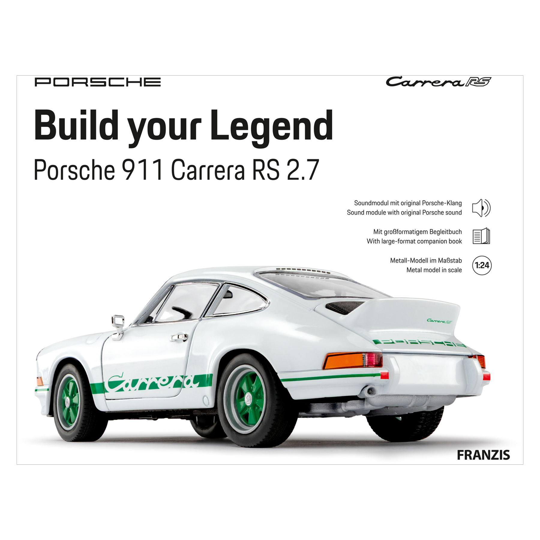 Weißer Porsche 911 Carrera RS 2.7 Modellbausatz mit grünen Akzenten.