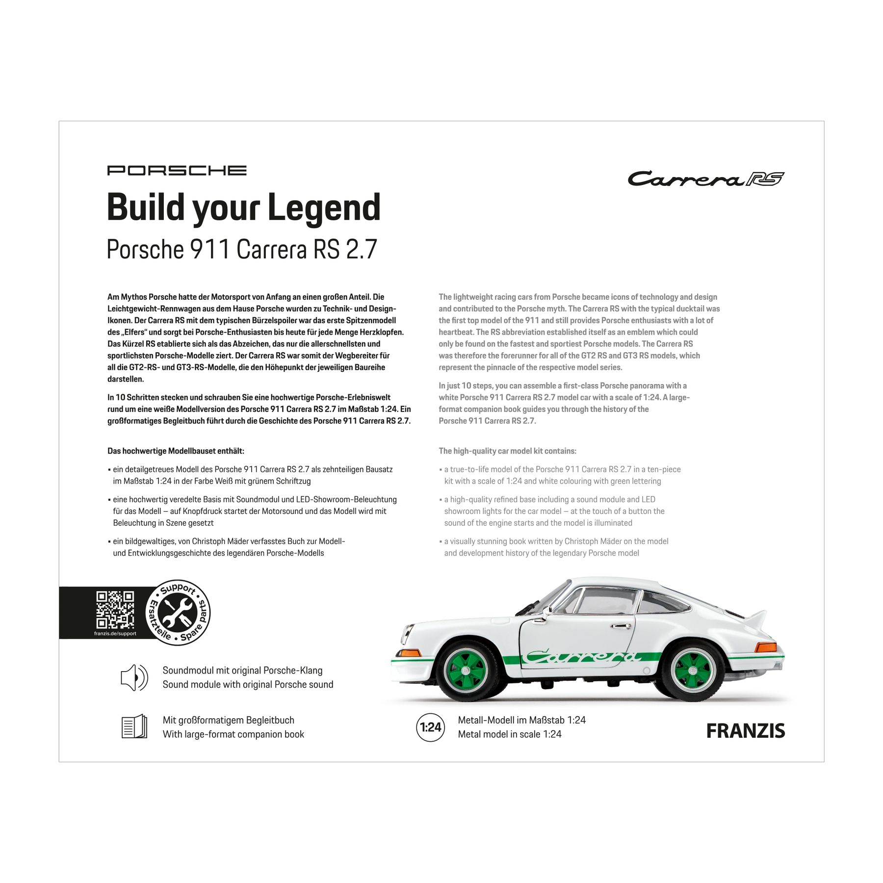 Weißes Porsche 911 Carrera RS 2.7 Modellauto im Maßstab 1:24 mit grünen Akzenten.