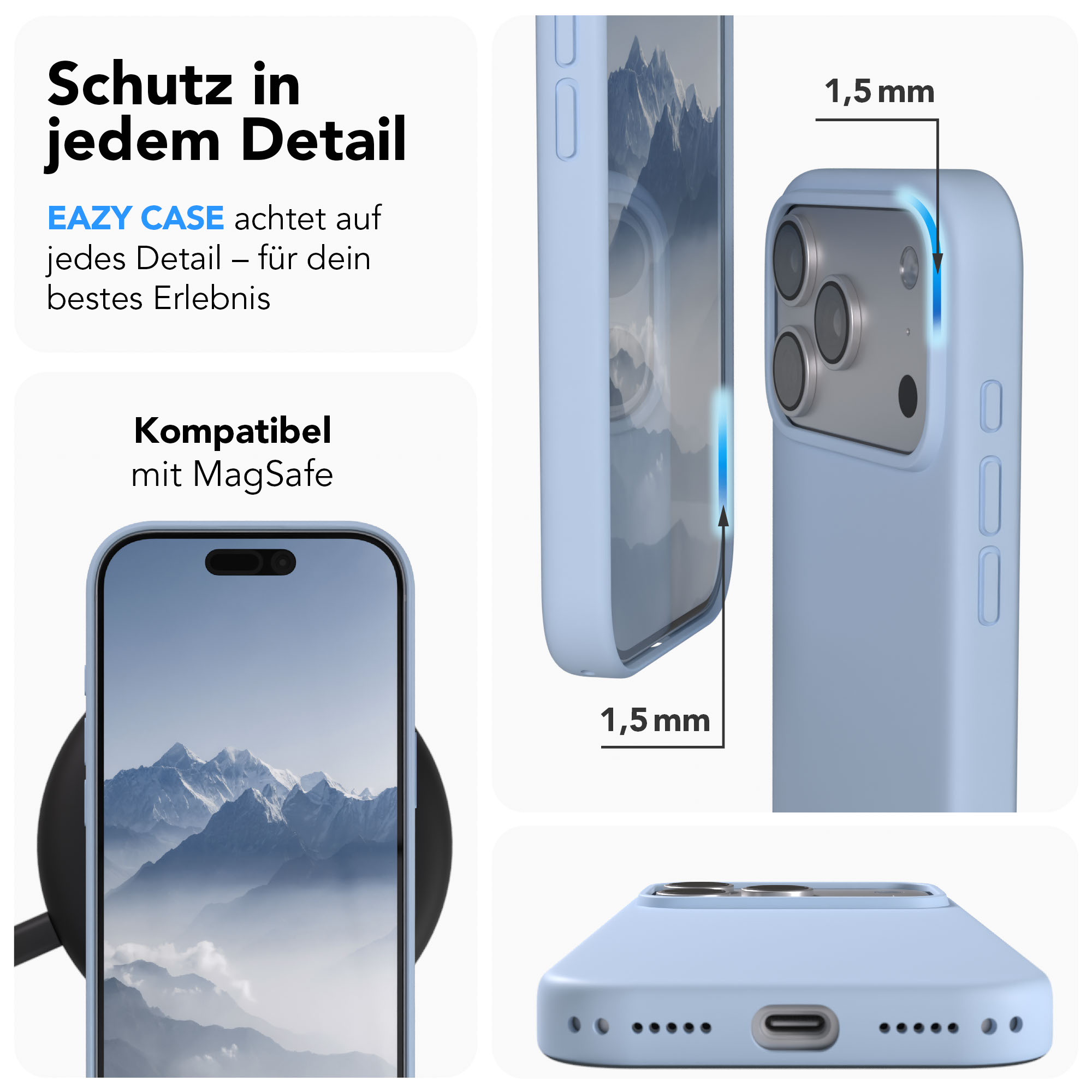 Blaue Hülle für iPhone mit Berg-Hintergrund, 1,5mm Dicke.