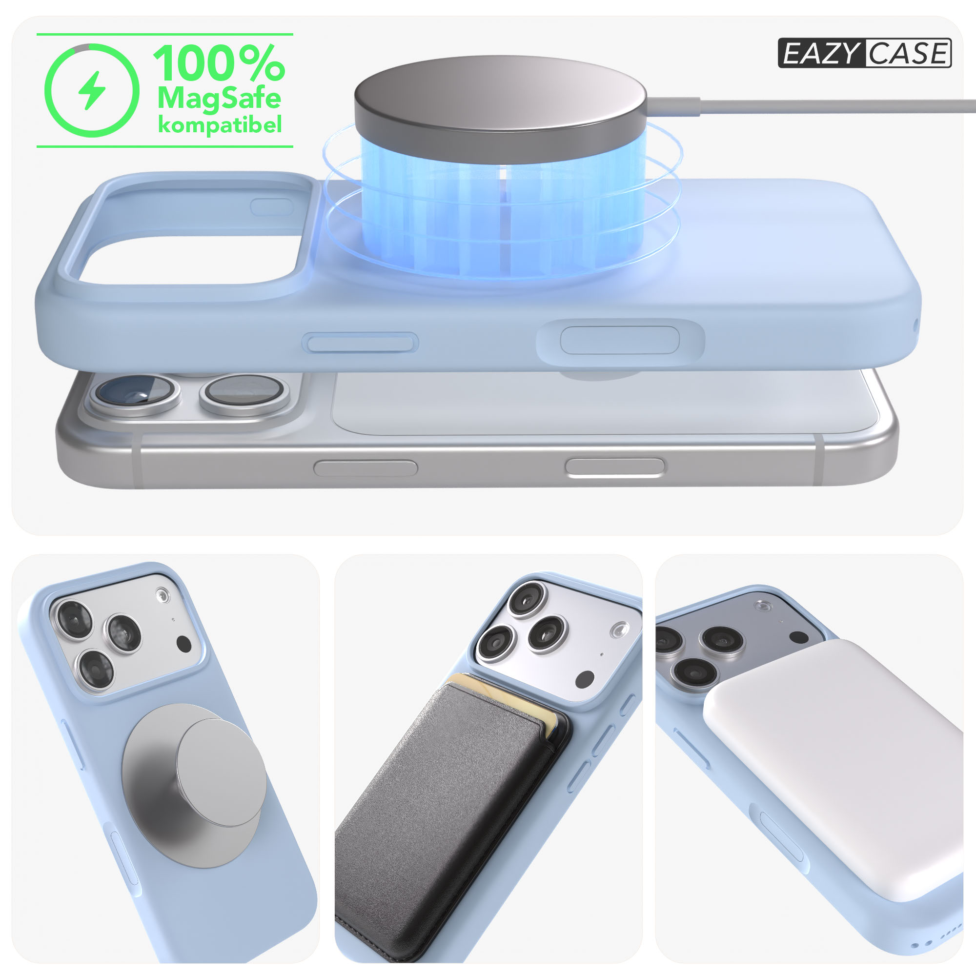 Ein blaues iPhone-Case mit MagSafe-Ladegerät, Ringhalterung und Kartenetui.