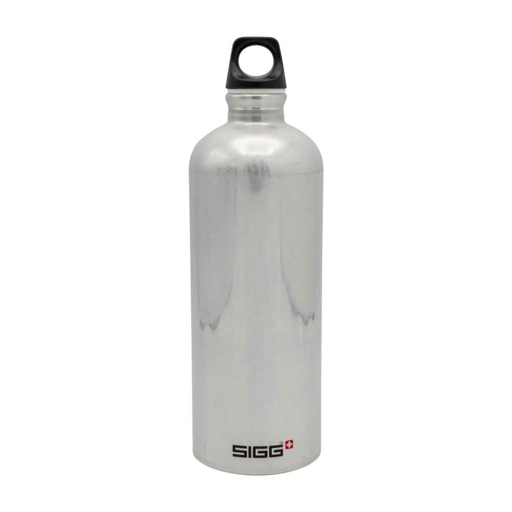 Silberne SIGG-Flasche mit schwarzem Tragegriff