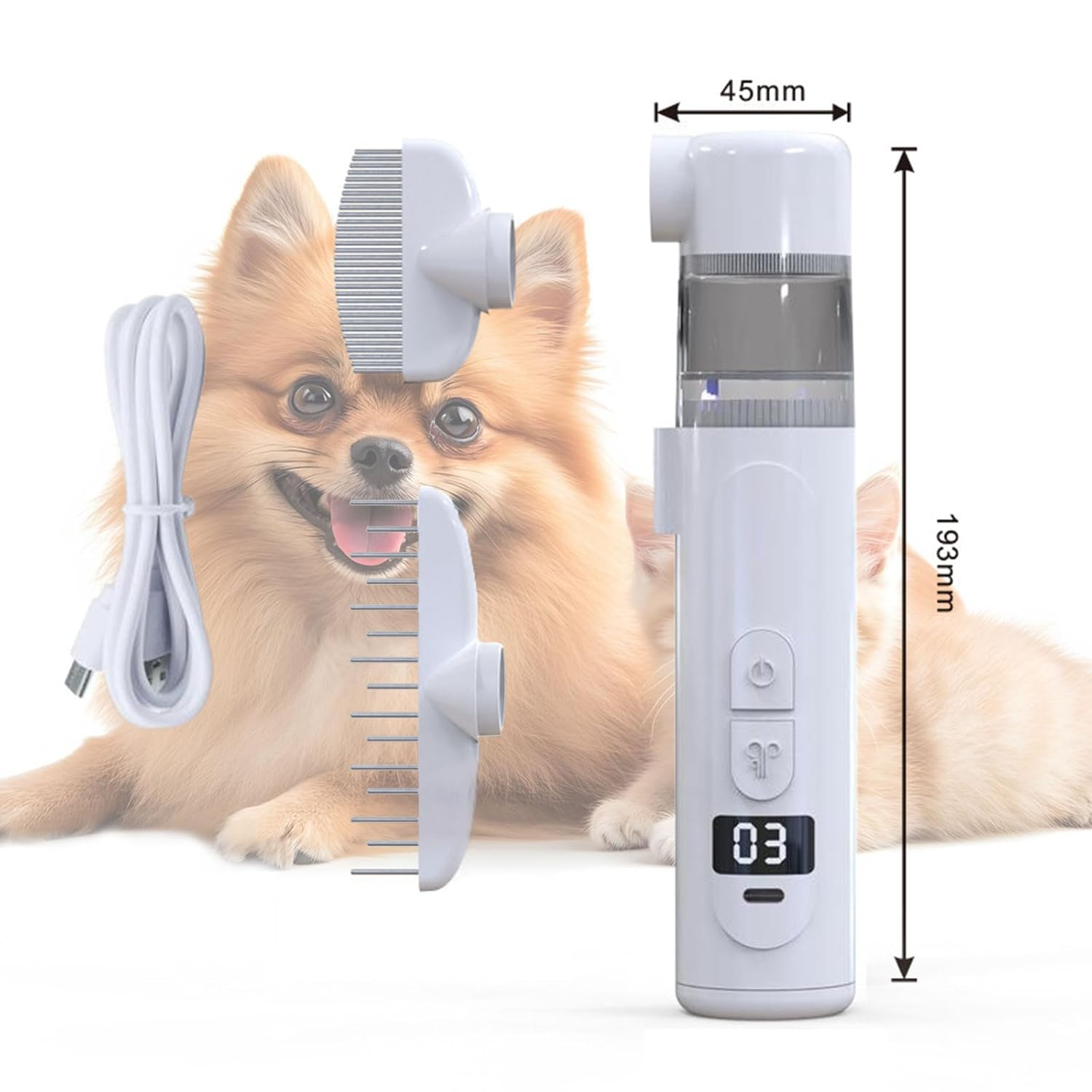 Ein weißes Haustierpflegegerät mit LCD-Display neben einem Pomeranian-Hund.