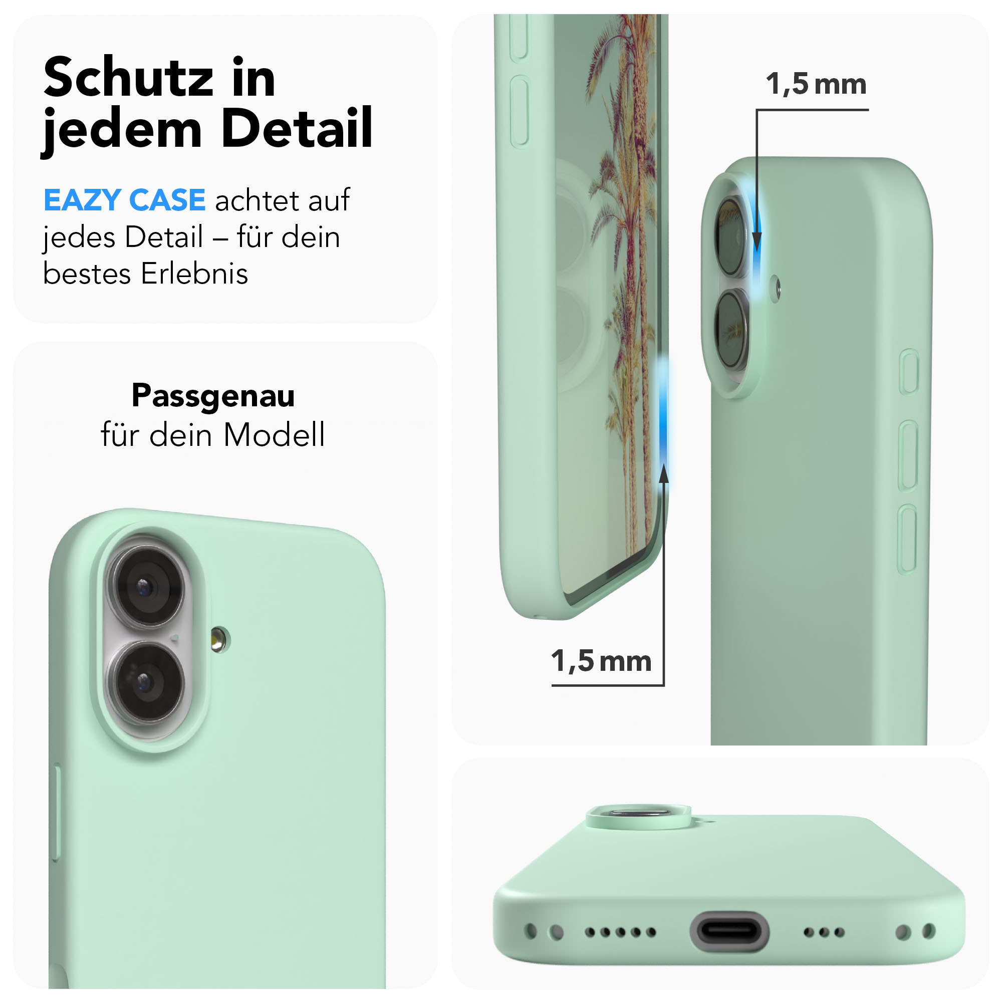 Helle Minzgrün Handyhülle mit Kameraloch und Tasten. Zeigt 1,5mm Schutz.