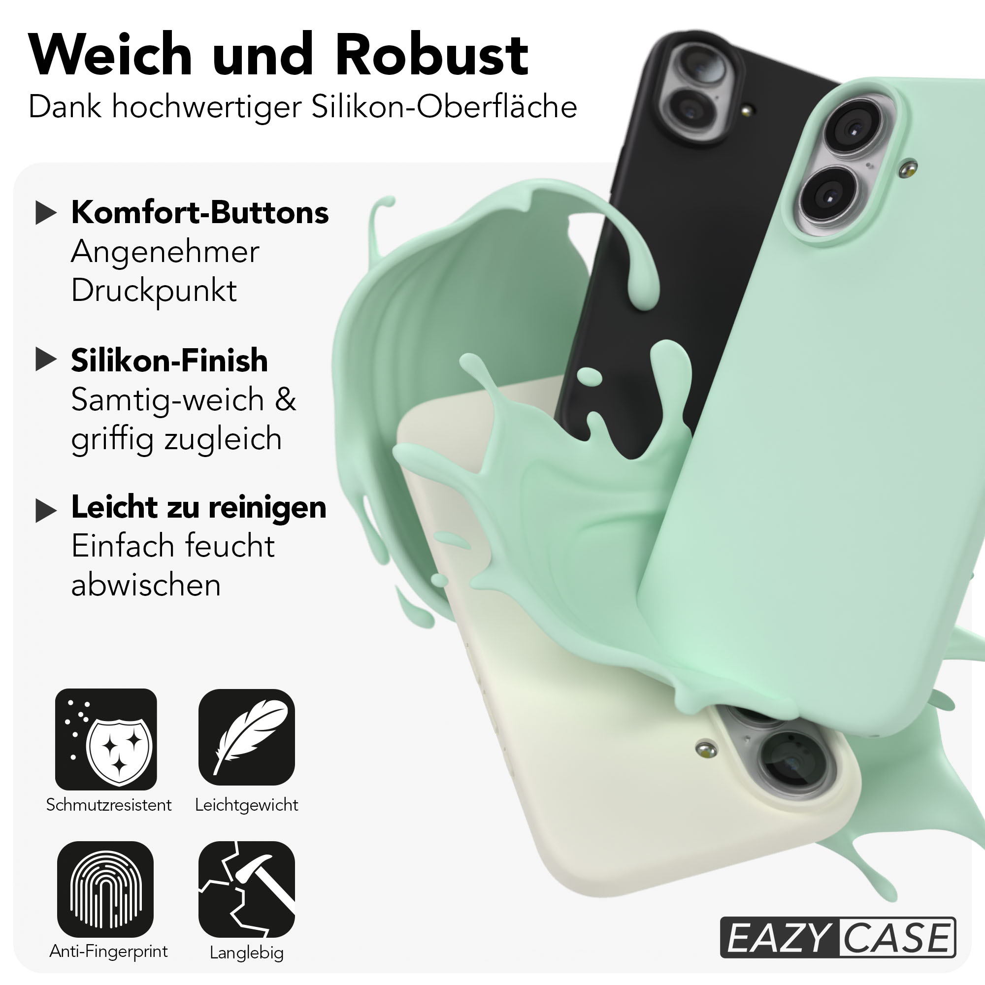 Weiche und robuste Handyhüllen in Schwarz, Mint und Beige, umgeben von fl üssigem Mint.