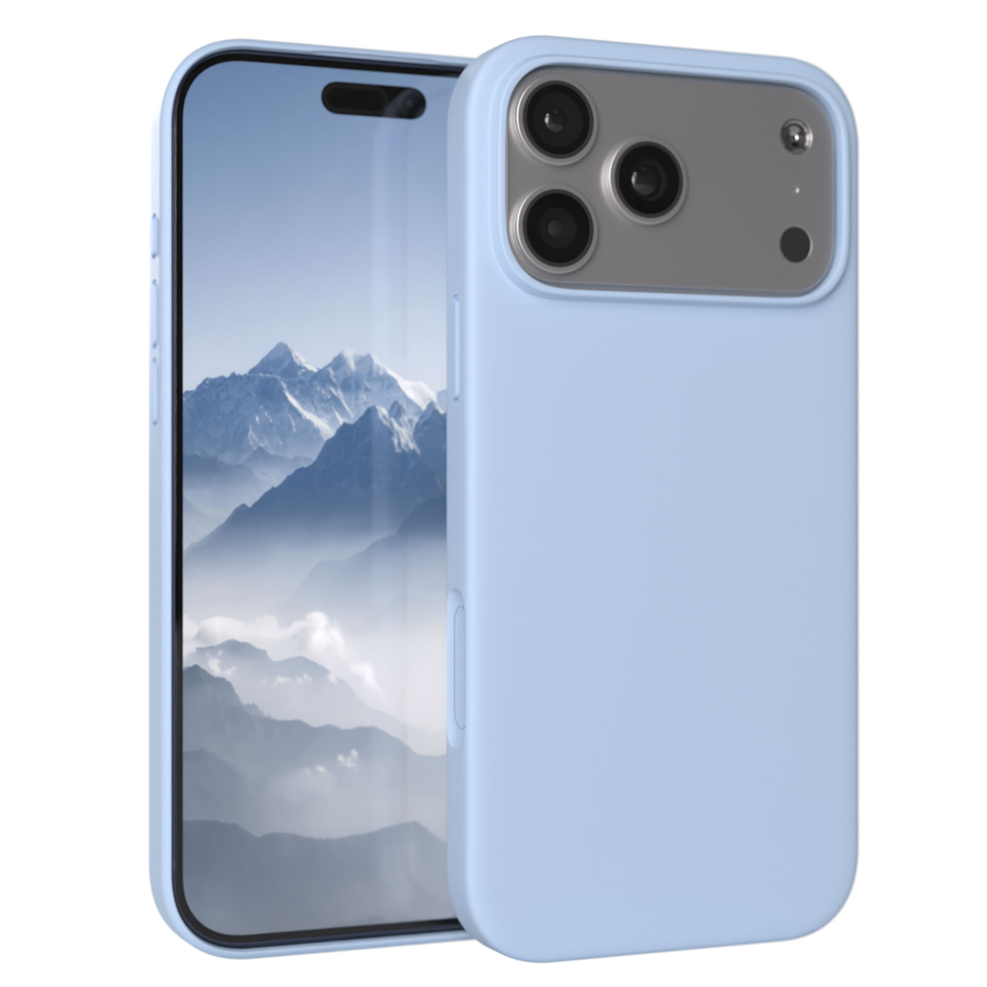 Ein hellblaues Handy mit einem Berglandschaft-Hintergrundbild.