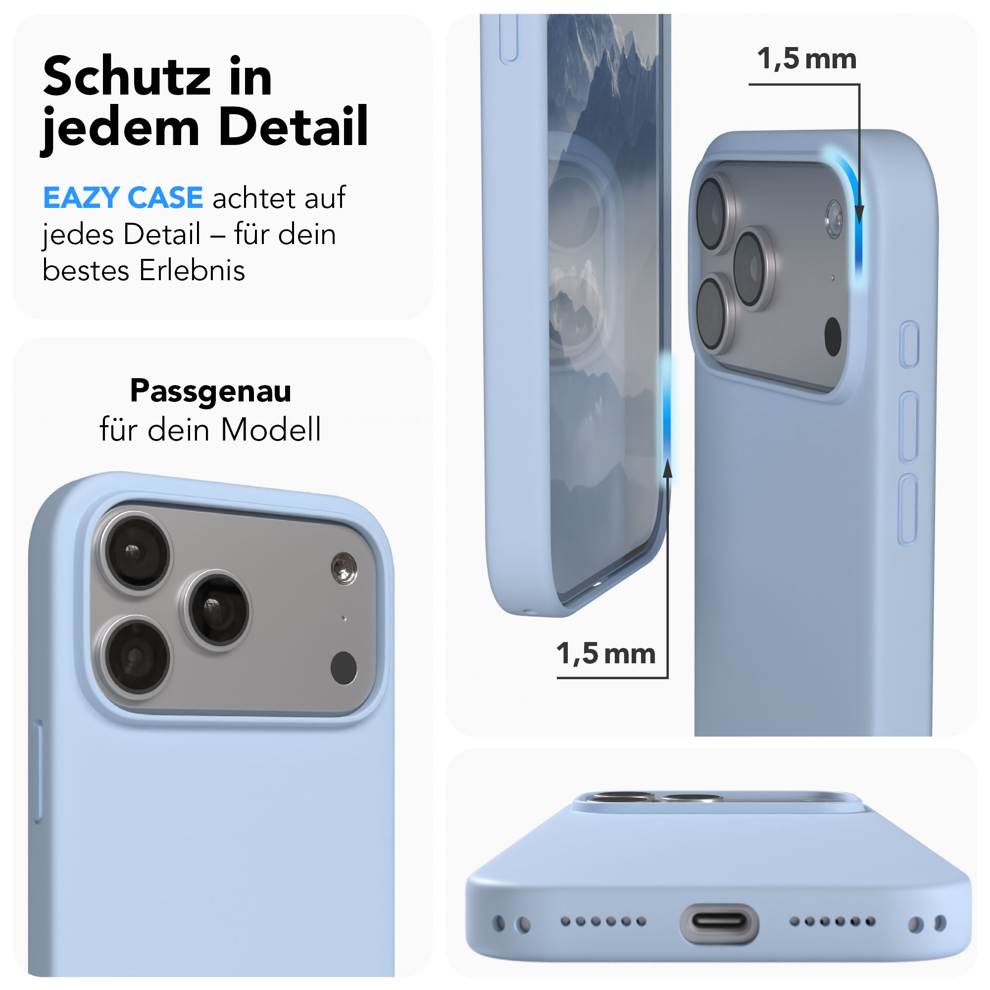 Helle blaue Handyhülle zeigt Kamera und Ladeanschluss.
