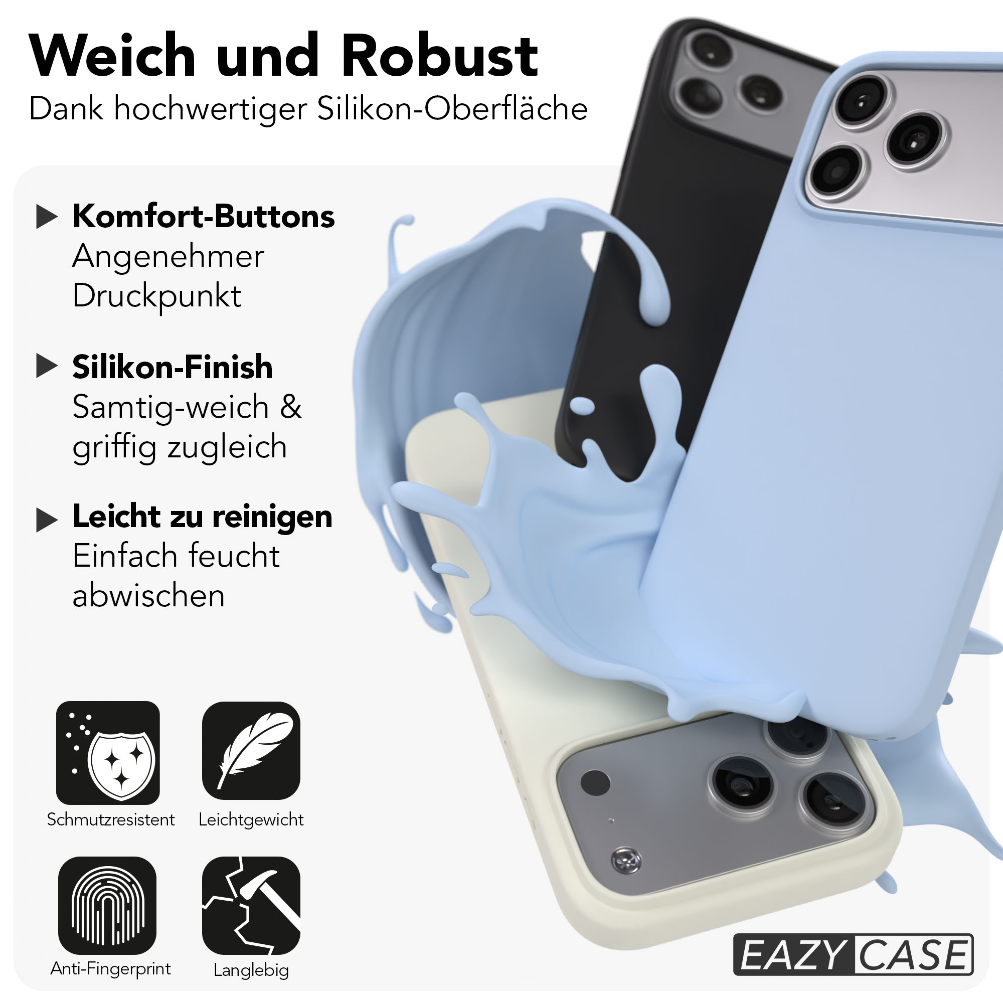 Drei Handyhüllen in Blau, Schwarz und Creme, umgeben von einer blauen Flüssigkeitsspritzermasse.