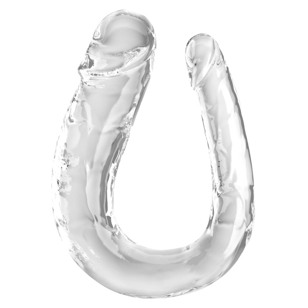 Ein durchsichtiger, U-förmiger Gegenstand aus Glas oder Kunststoff, der wie ein Penis geformt ist.