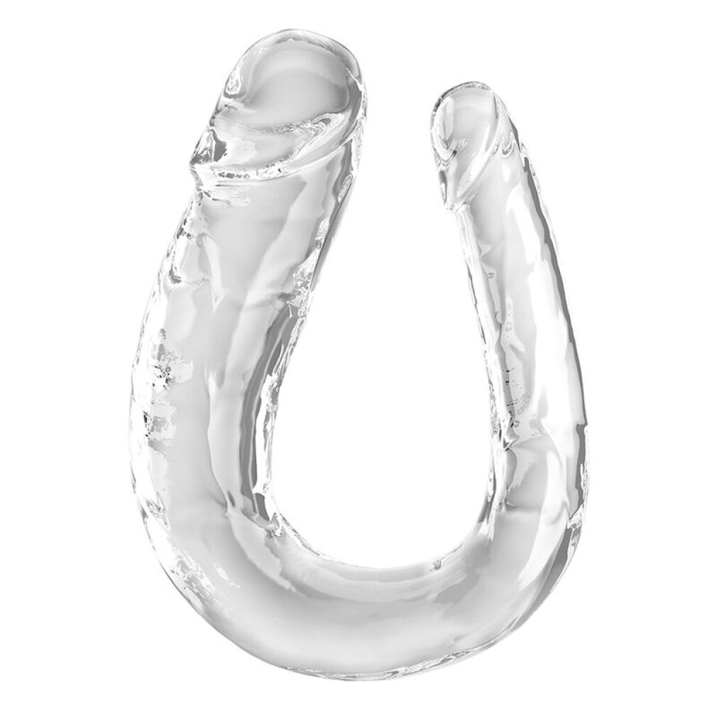 Ein transparenter, U-förmiger Gegenstand mit zwei Spitzen, der wie aus Wasser geformt aussieht.