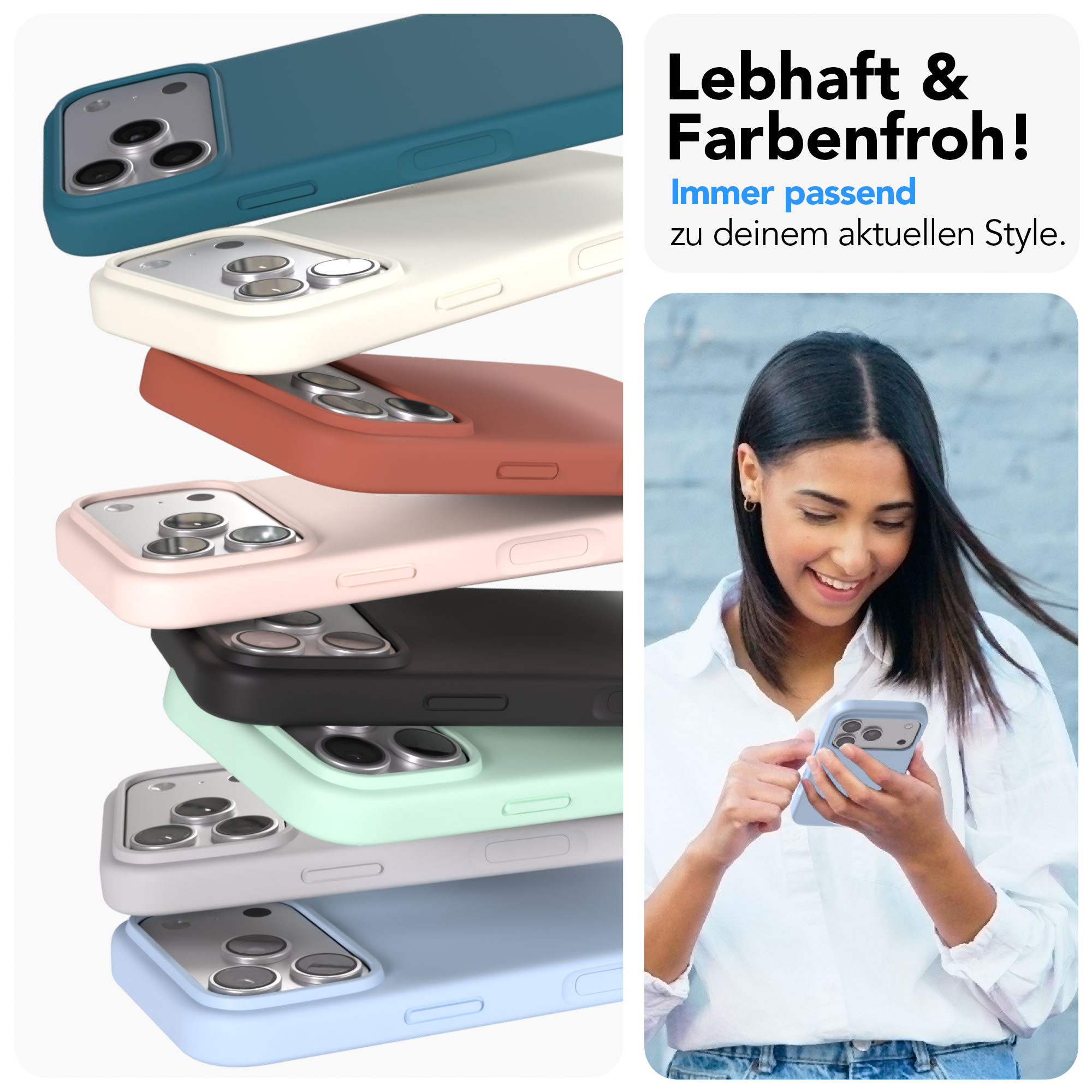Mehrere iPhone-Hüllen in verschiedenen Farben sind gestapelt. Eine Frau hält ein hellblaues Handy.