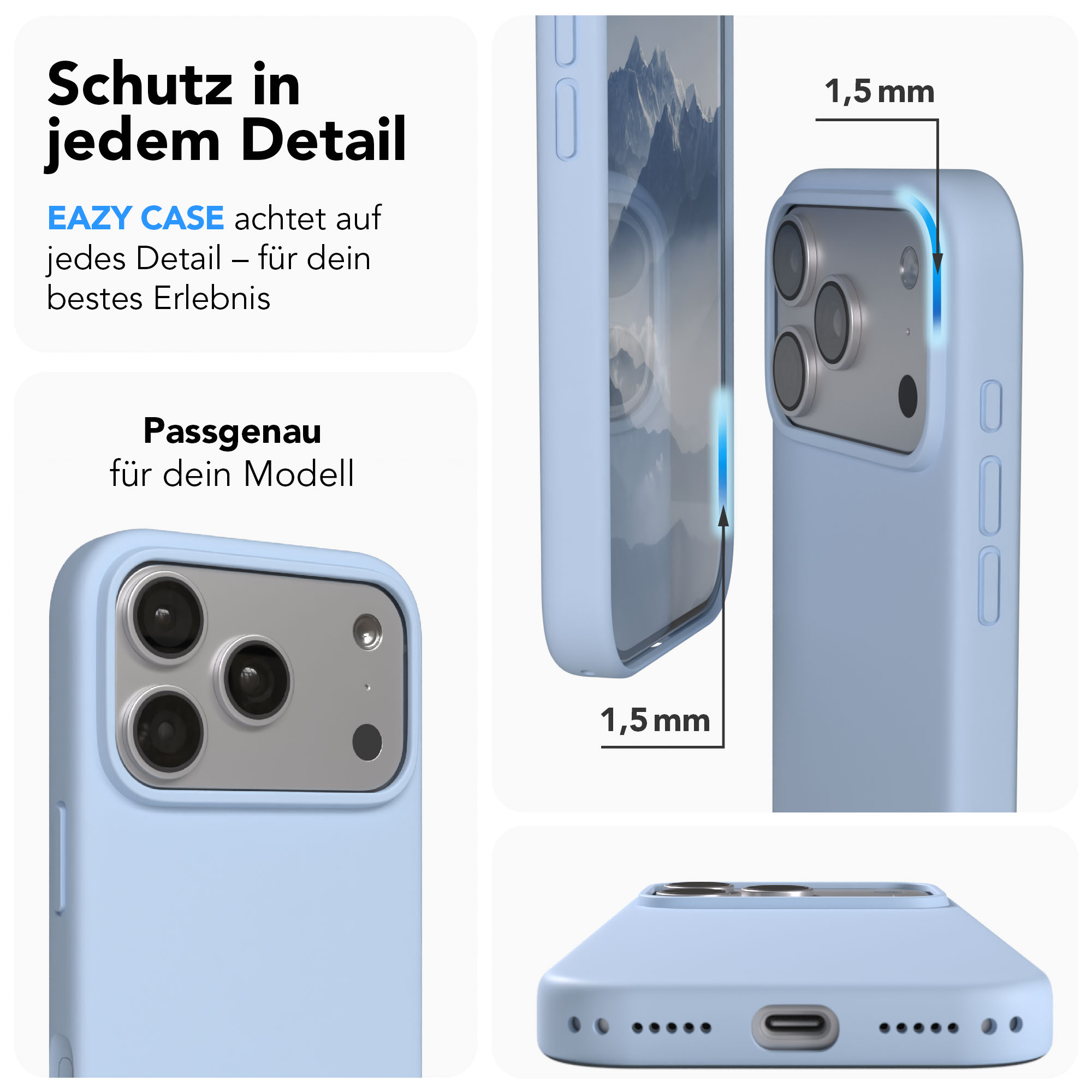 Blaue Handyhülle mit Nahaufnahmen der Kamera und 1,5 mm Dicke.