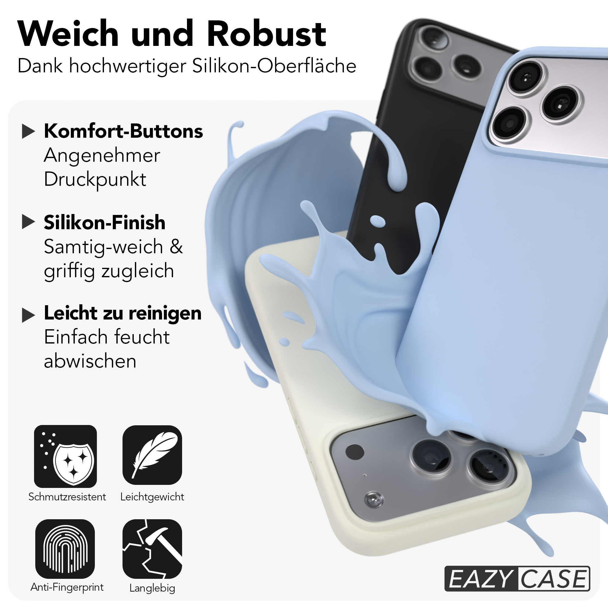 Drei Silikonhüllen in blau, schwarz und beige mit einem hellblauen Spritzer.