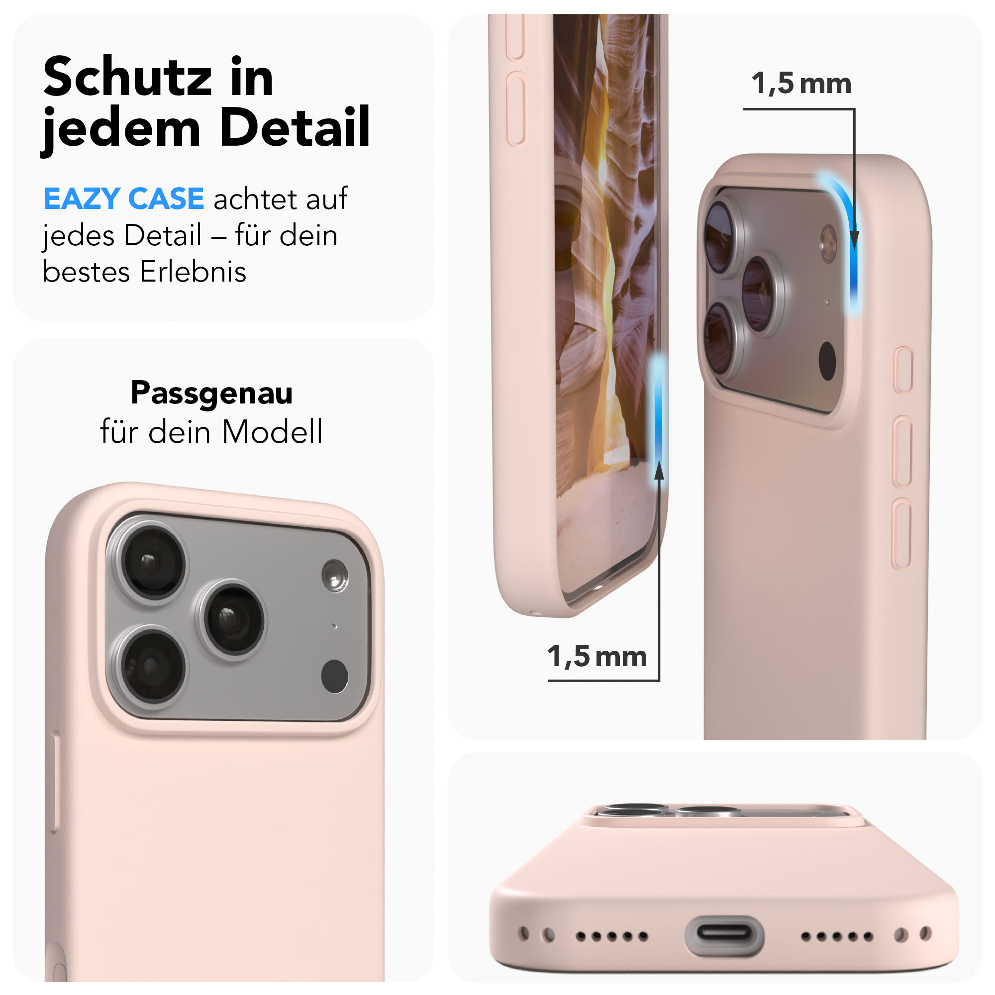Eine rosafarbene Handyhülle zeigt die Kamera und 1,5mm Dicke.