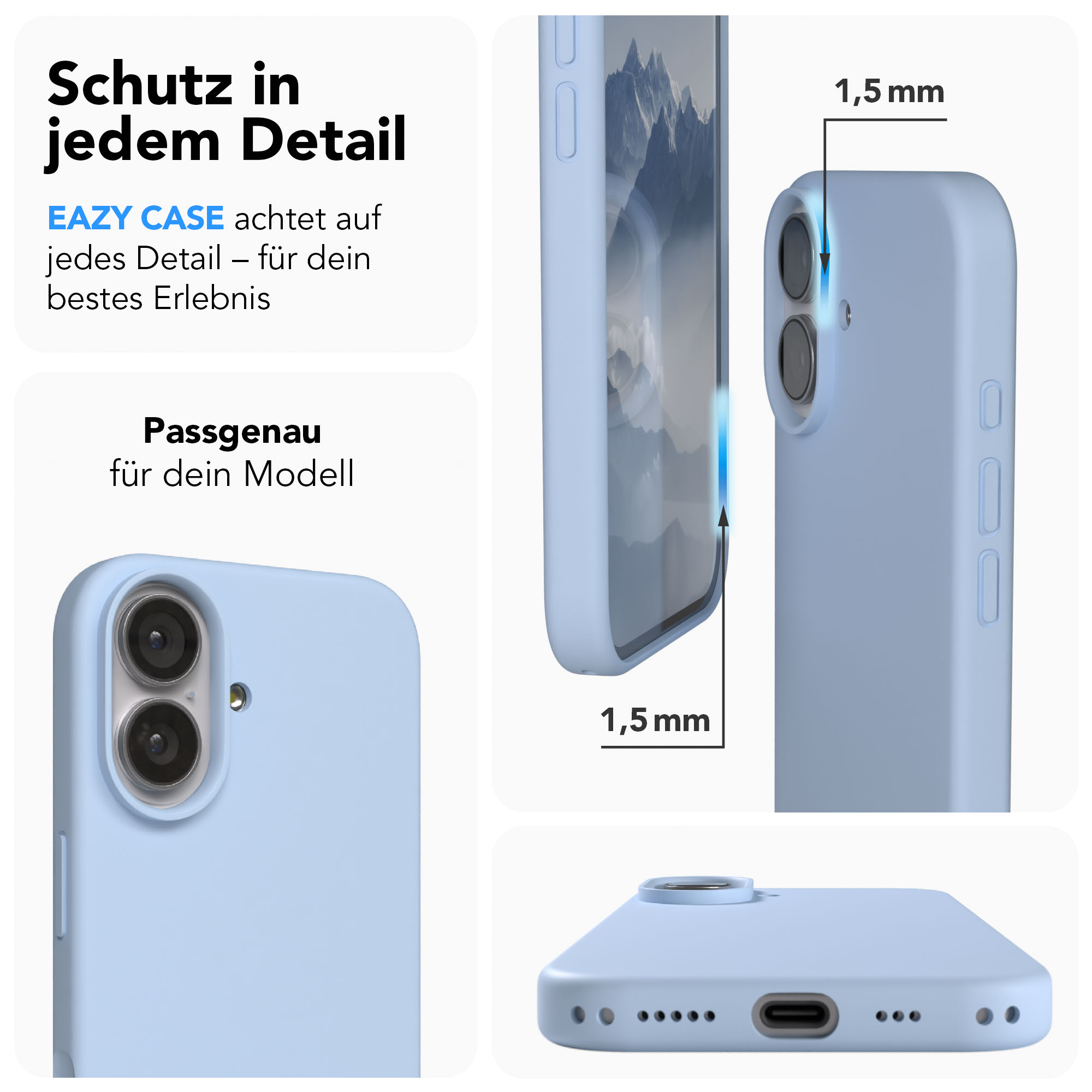 Hellblaue Handyhülle mit Kamerausschnitt, Seitenansicht zeigt 1,5mm Rand.
