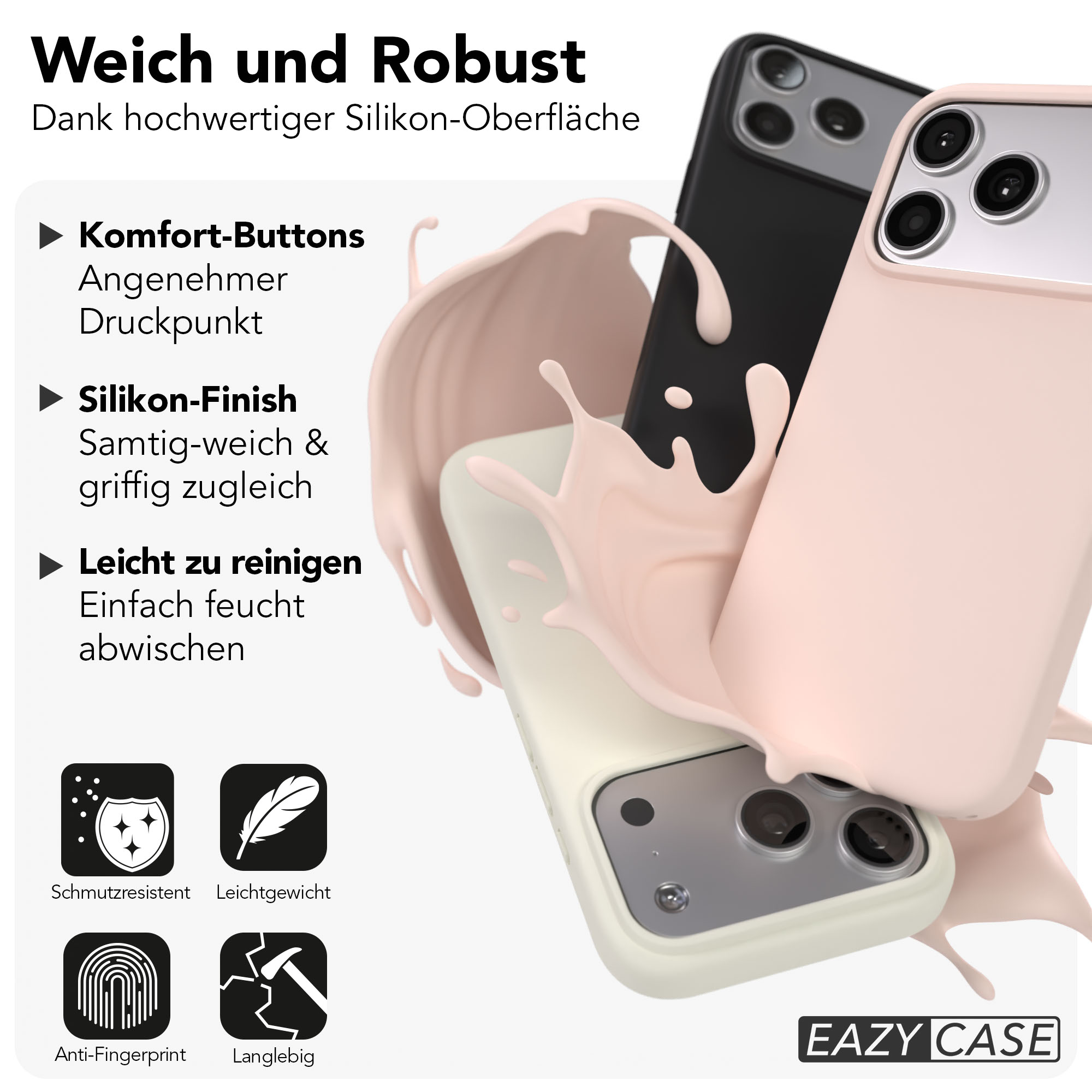 Drei iPhone-Hüllen in Rosé, Schwarz und Weiß, mit Flüssigkeitsspritzern.