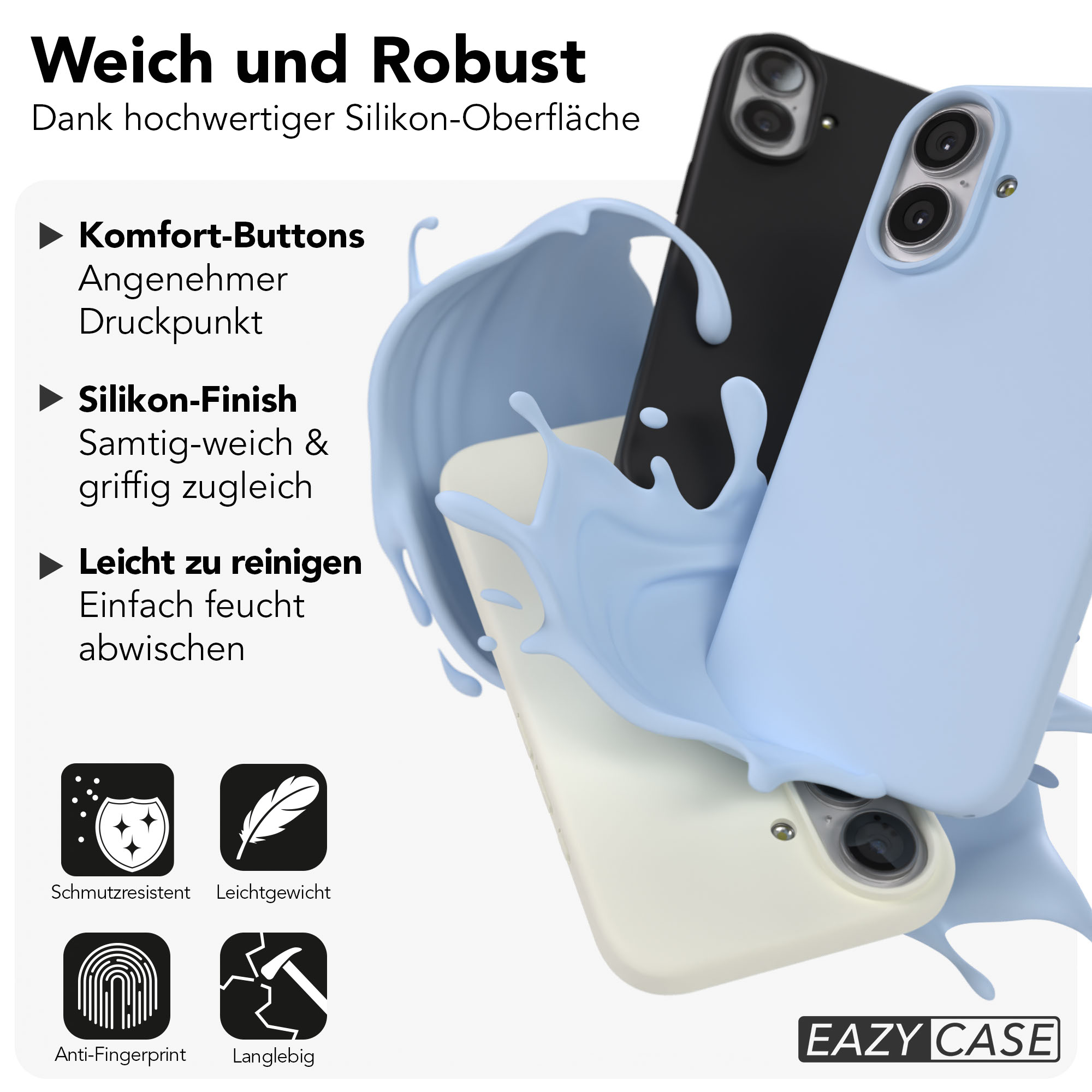 Weiche und robuste Handyhüllen in Schwarz und Hellblau, umgeben von einer flüssigen Silikontextur.