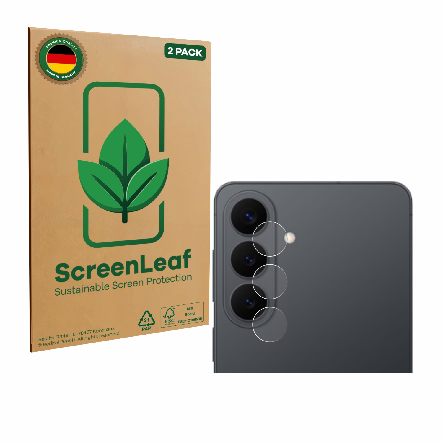 ScreenLeaf Schutzfolien für Handys, 2er Pack, auf brauner Verpackung neben Handy-Kamera.