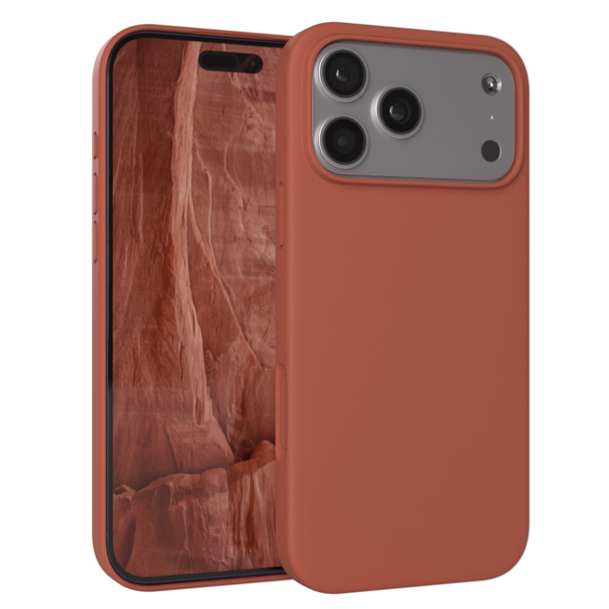 Ein orangefarbenes Handy mit drei Kameras und einem Rillenmuster auf dem Bildschirm.