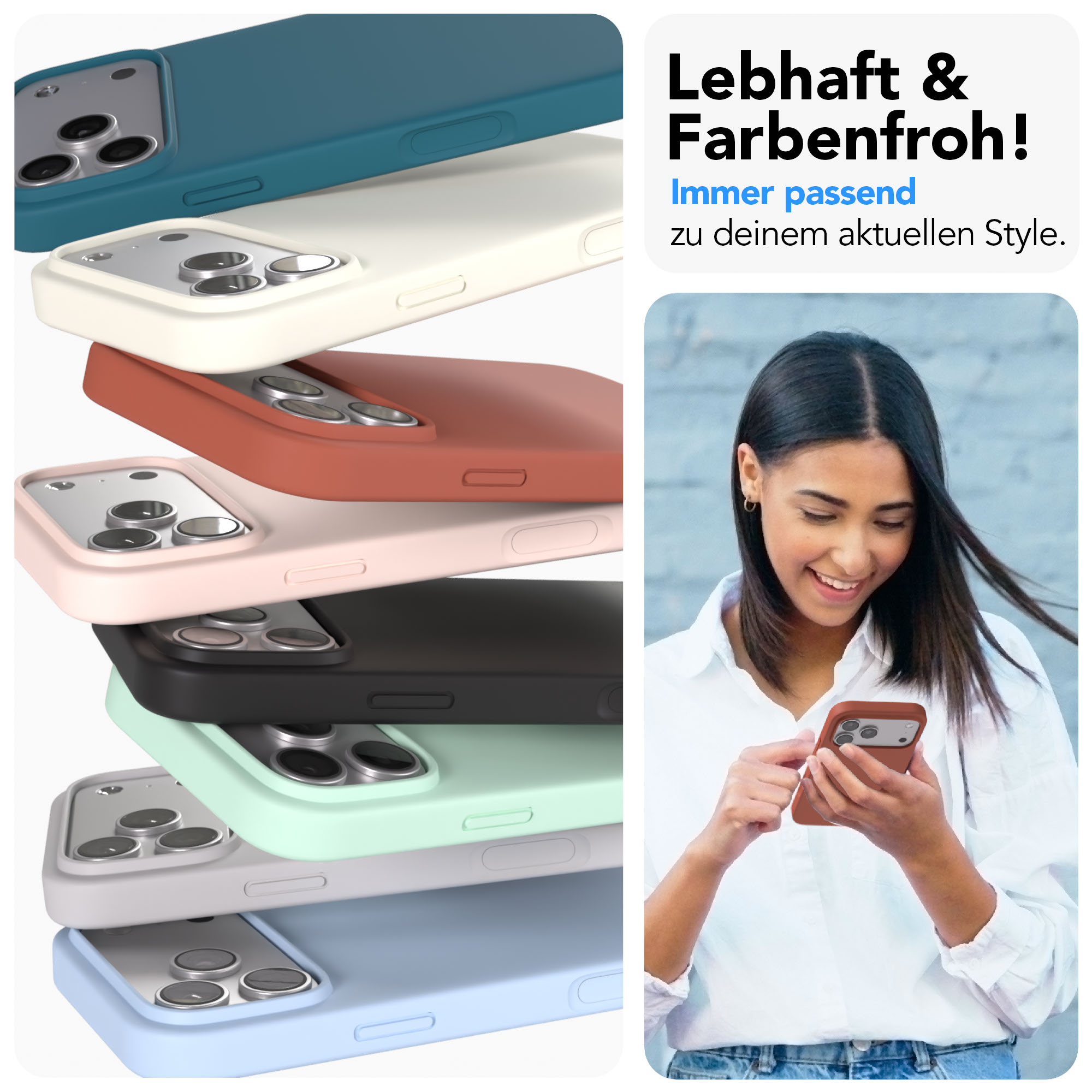 Mehrere bunte Handyhüllen stapeln sich, eine Frau benutzt ein Handy.