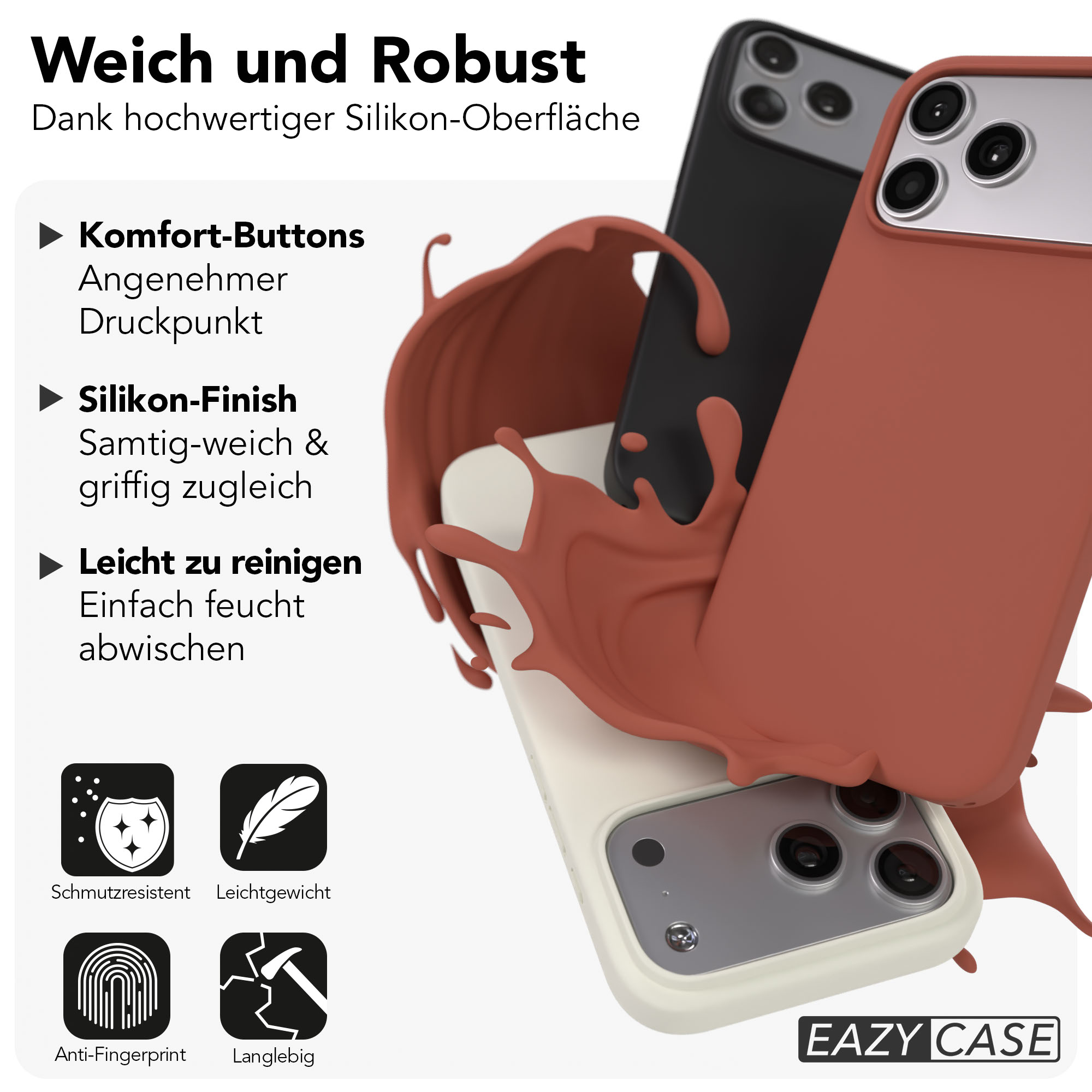 Drei Handyhüllen in rot, schwarz und weiß, umgeben von einer flüssigen, roten Substanz.