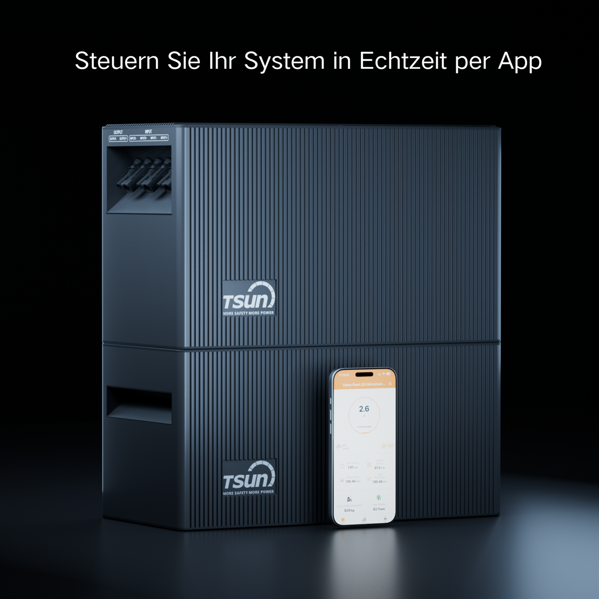 Zwei graue TSUN-Einheiten mit einem Smartphone, das eine App anzeigt.