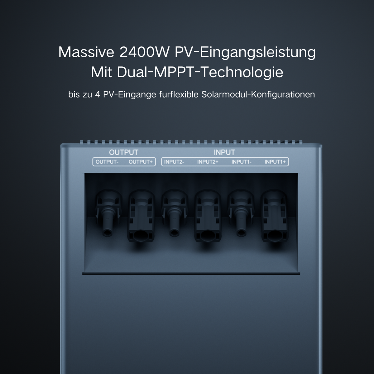 Graues Gerät mit PV-Anschlüssen: OUTPUT-, OUTPUT+, INPUT2-, INPUT2+, INPUT1-, INPUT1+.