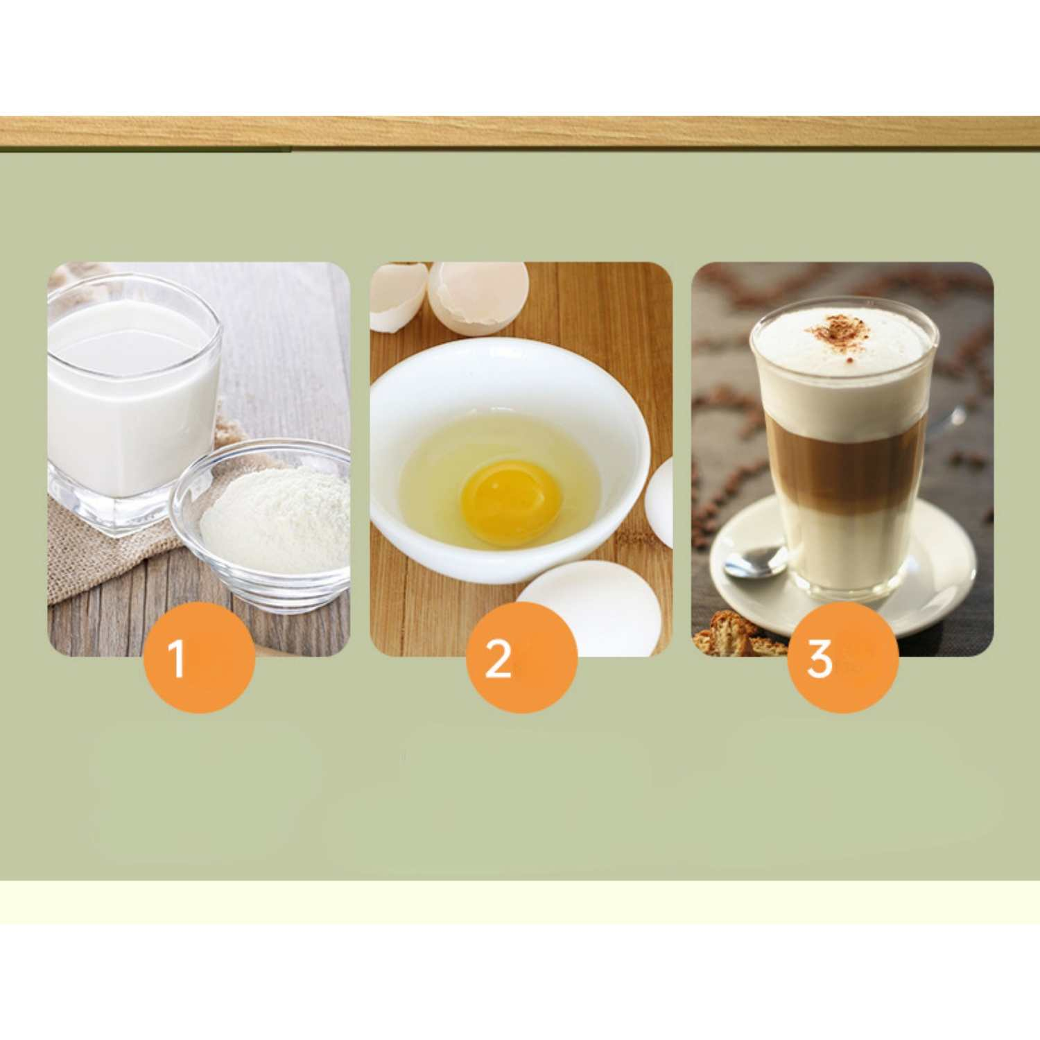 Schritte 1-3: Milch und Pulver, Ei in Schüssel, fertiger Kaffee.
