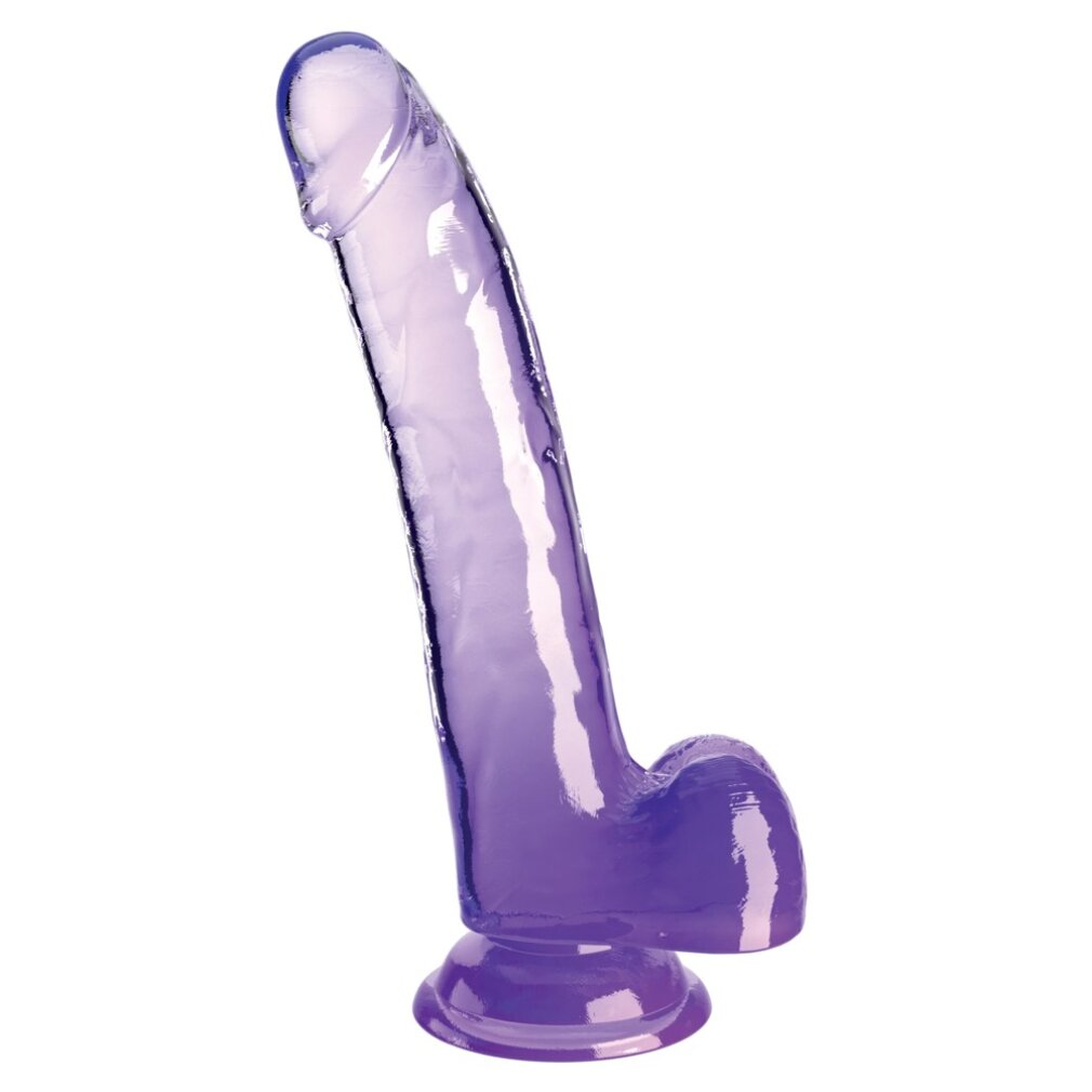 Ein transparenter, lila Dildo mit breiter Basis steht aufrecht.