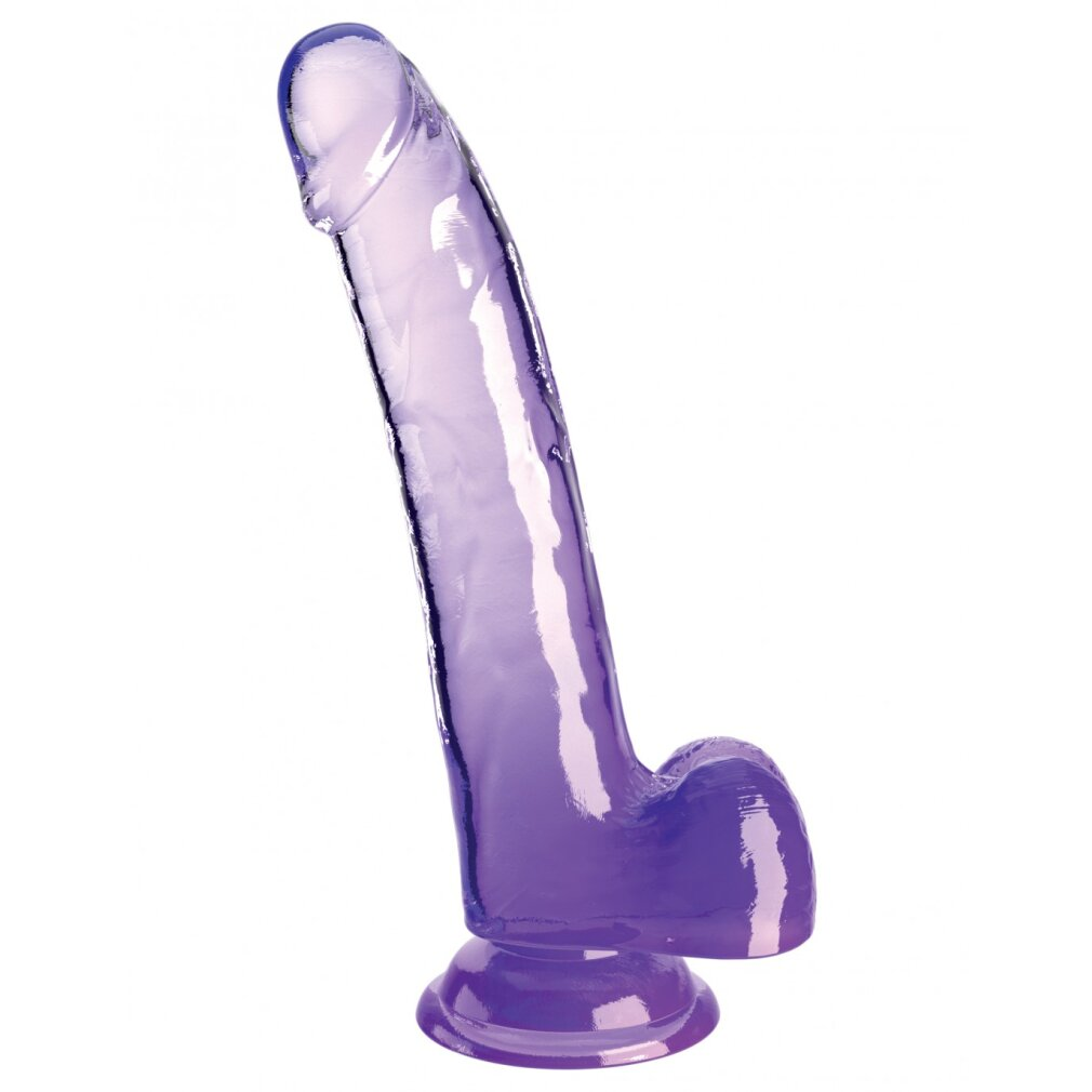 Ein transparenter, lila Dildo mit einer breiten Basis und einer gebogenen Form.