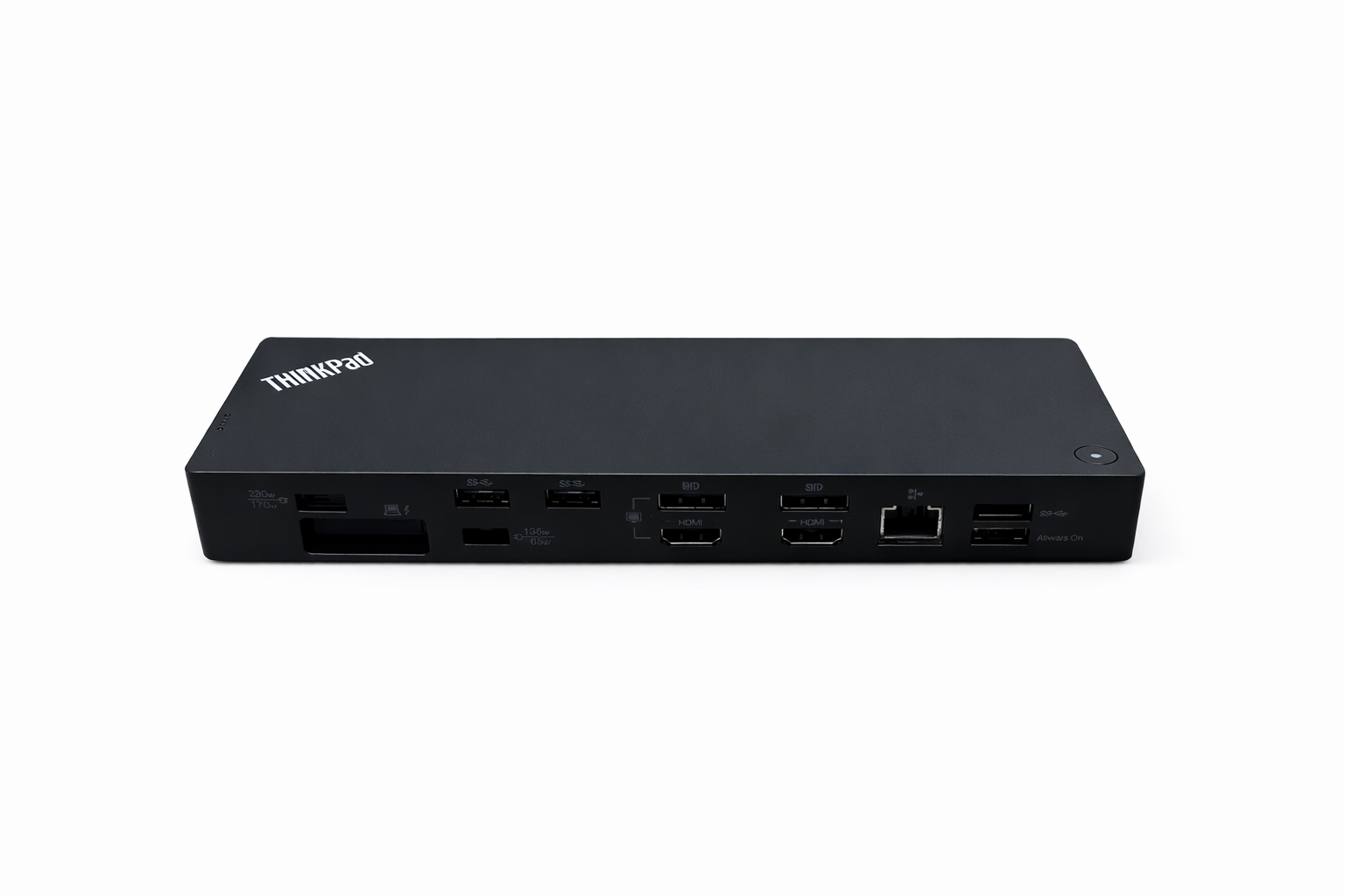 Schwarzer ThinkPad Dockingstation mit Anschlüssen wie USB, HDMI und Ethernet.