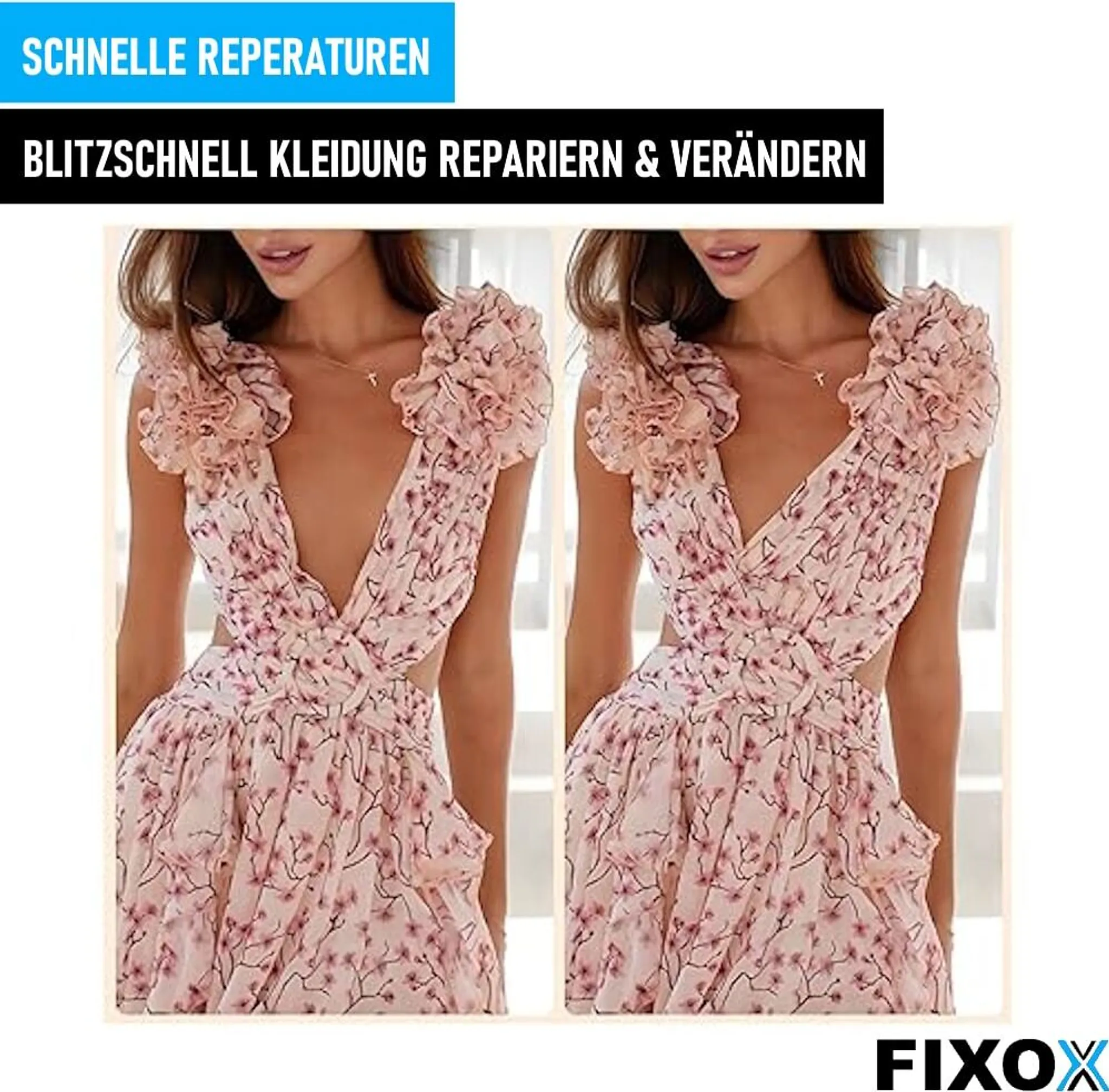 Zwei Frauen in rosa Blumenkleidern mit tiefem Ausschnitt und Rüschen.