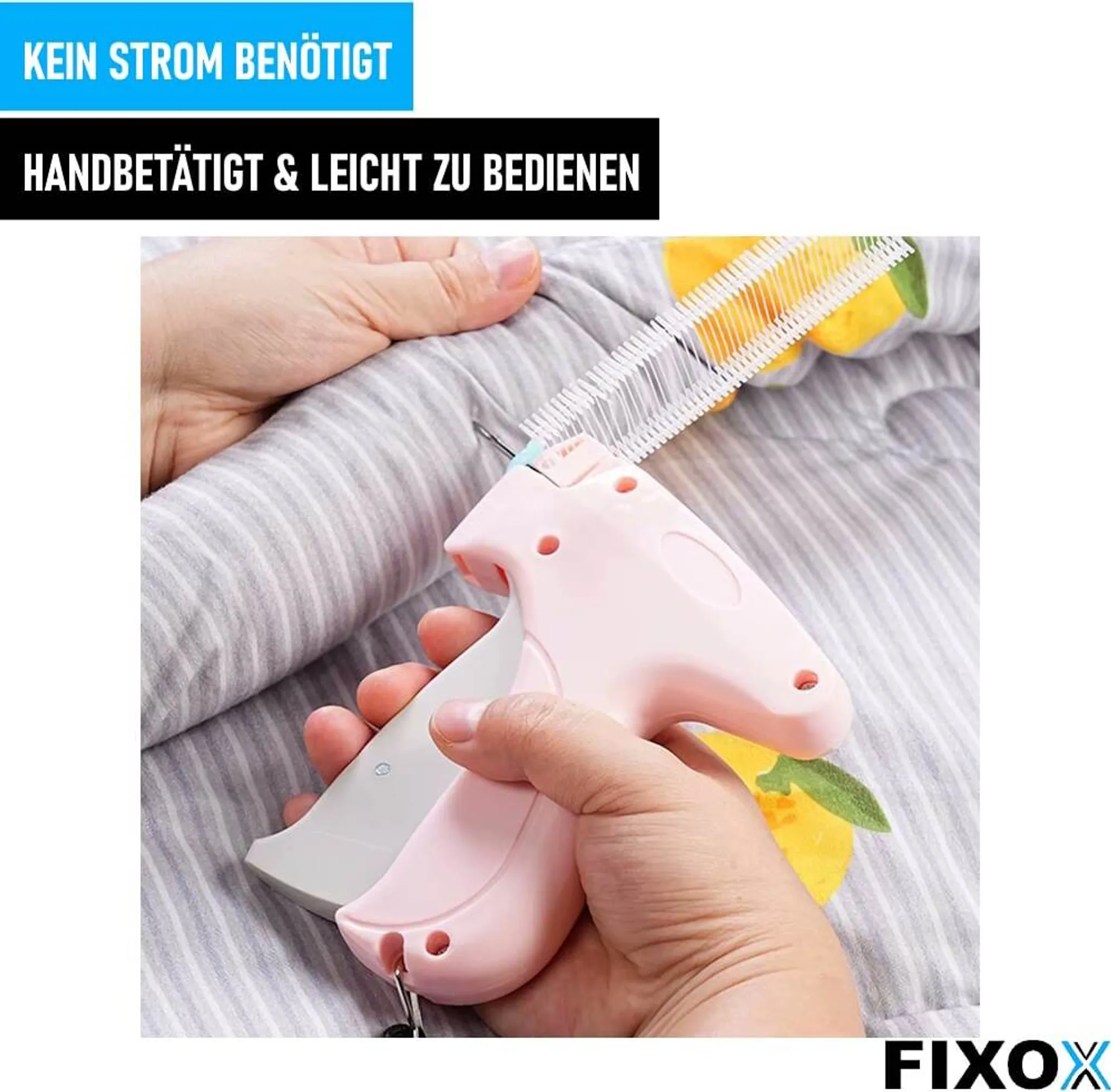 Ein rosa Etikettiergerät mit einem Nadelaufsatz wird auf Stoff mit gelben Zitronen-Aufdruck angewendet.