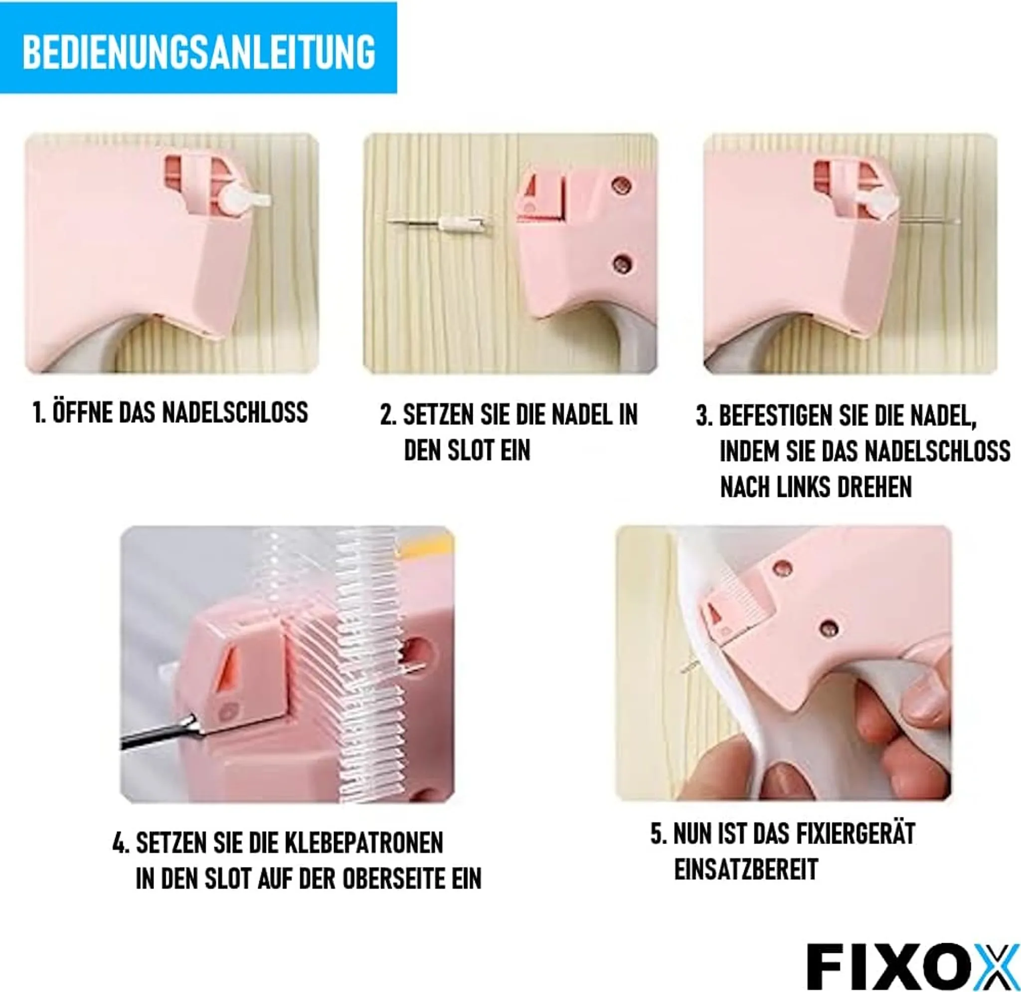Bedienungsanleitung: Rosa Nadelpistole montieren und Klebepatronen einsetzen.
