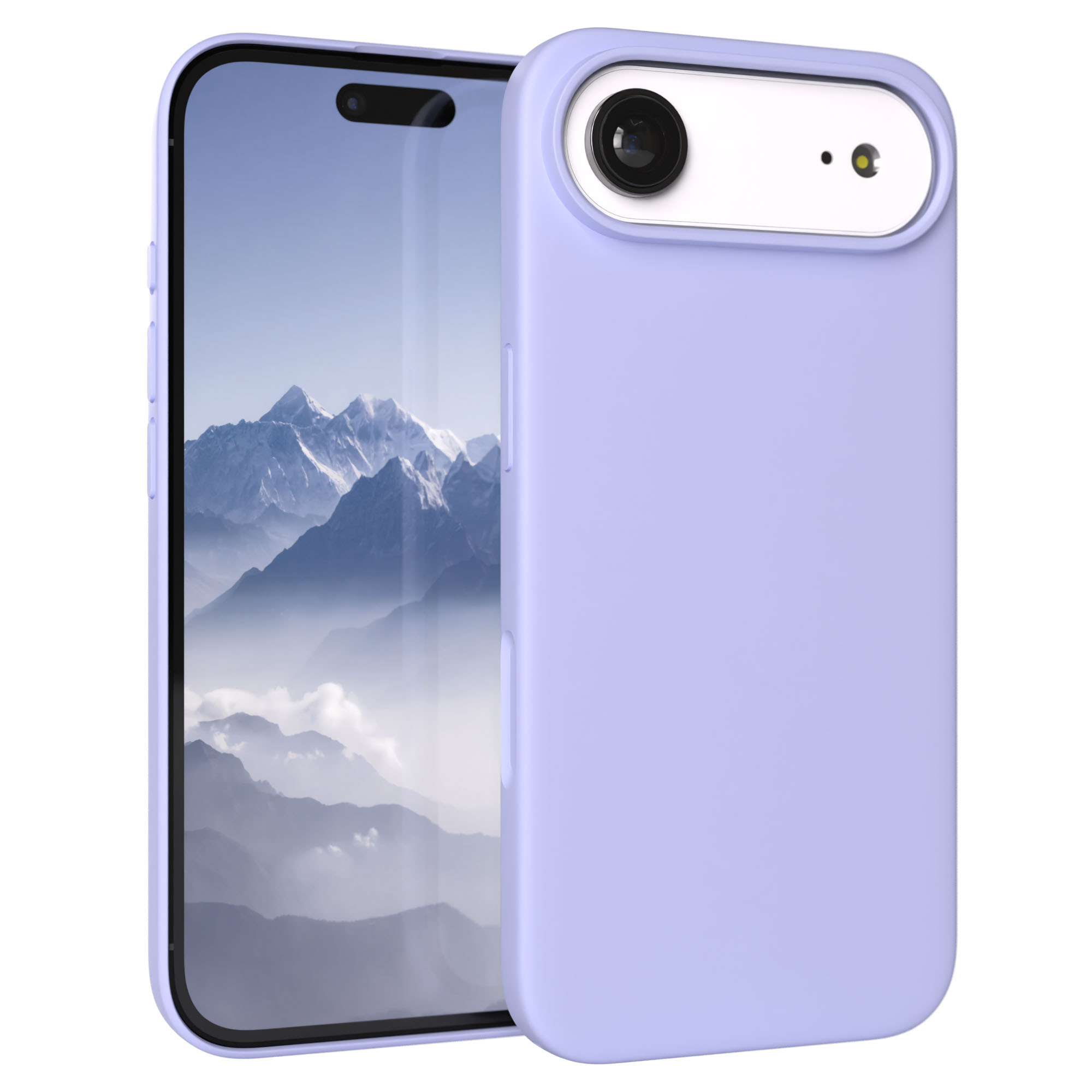 Ein hellviolettes Smartphone mit Berg-Hintergrundbild.