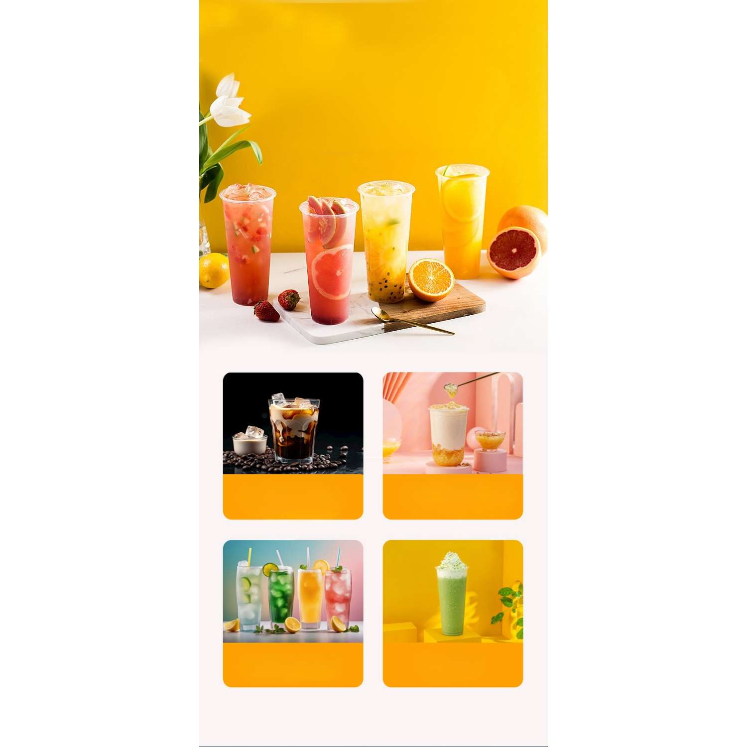 Vier erfrischende Getränke: Eiskaffee, Milchshake, bunte Limonaden und ein grüner Smoothie.