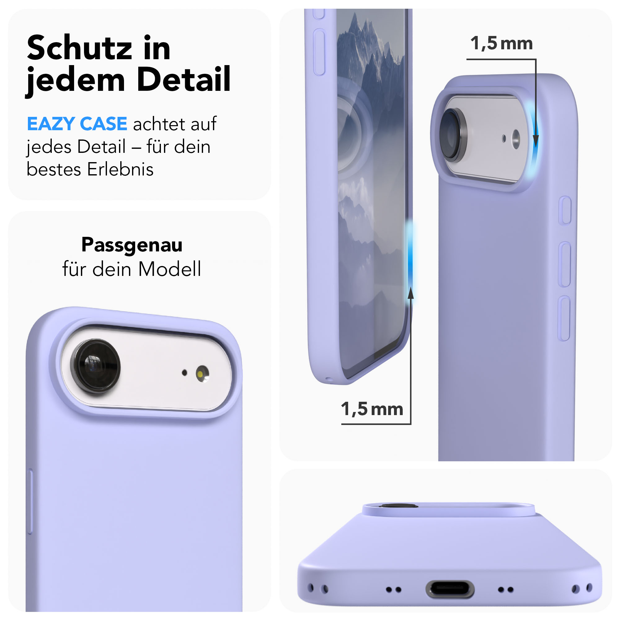 Ein hellviolettes Handycase zeigt Details: Kamerschutz, 1,5mm Dicke.