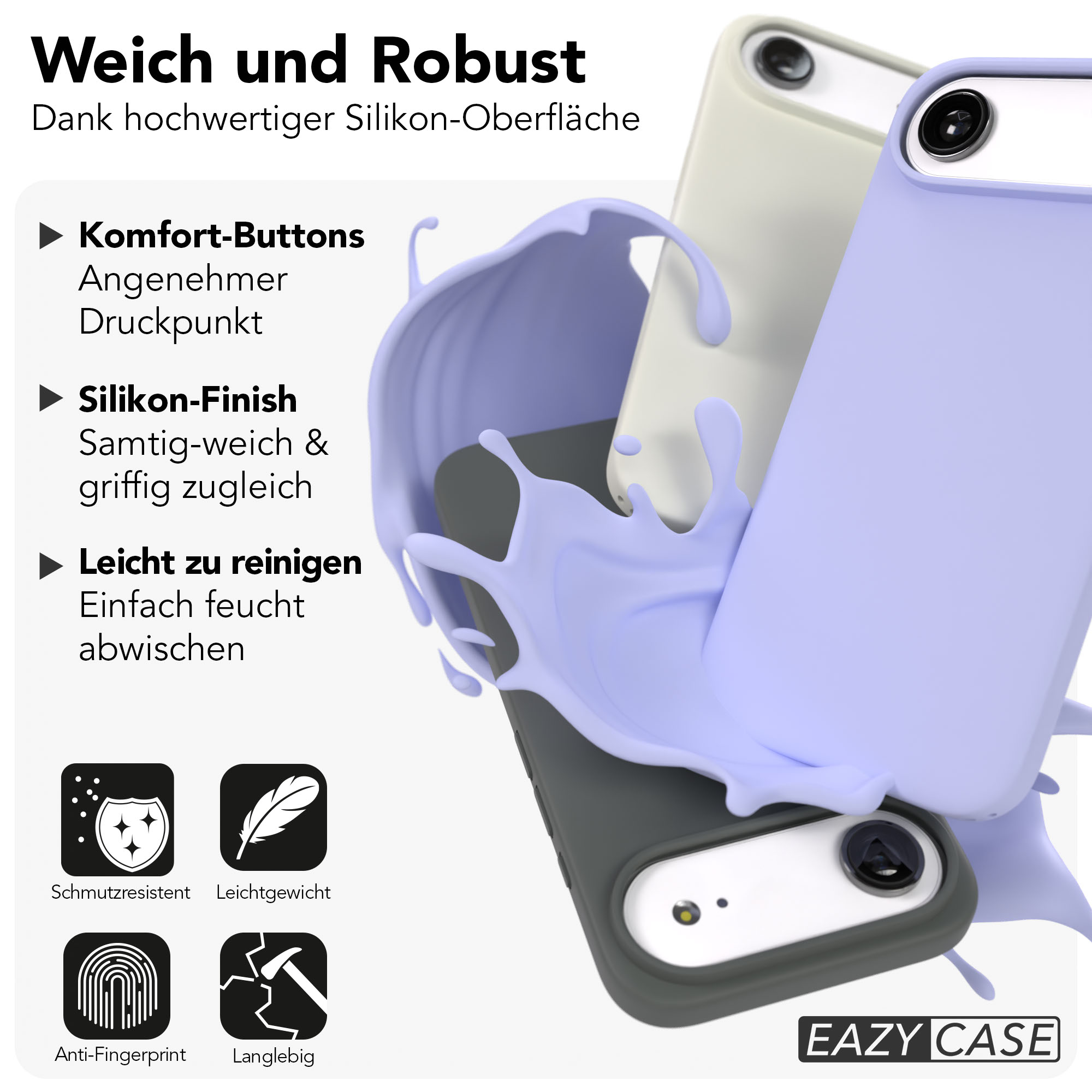 Weiche und robuste Handyhüllen in Lila, Grau und Beige mit einem Spritzer.