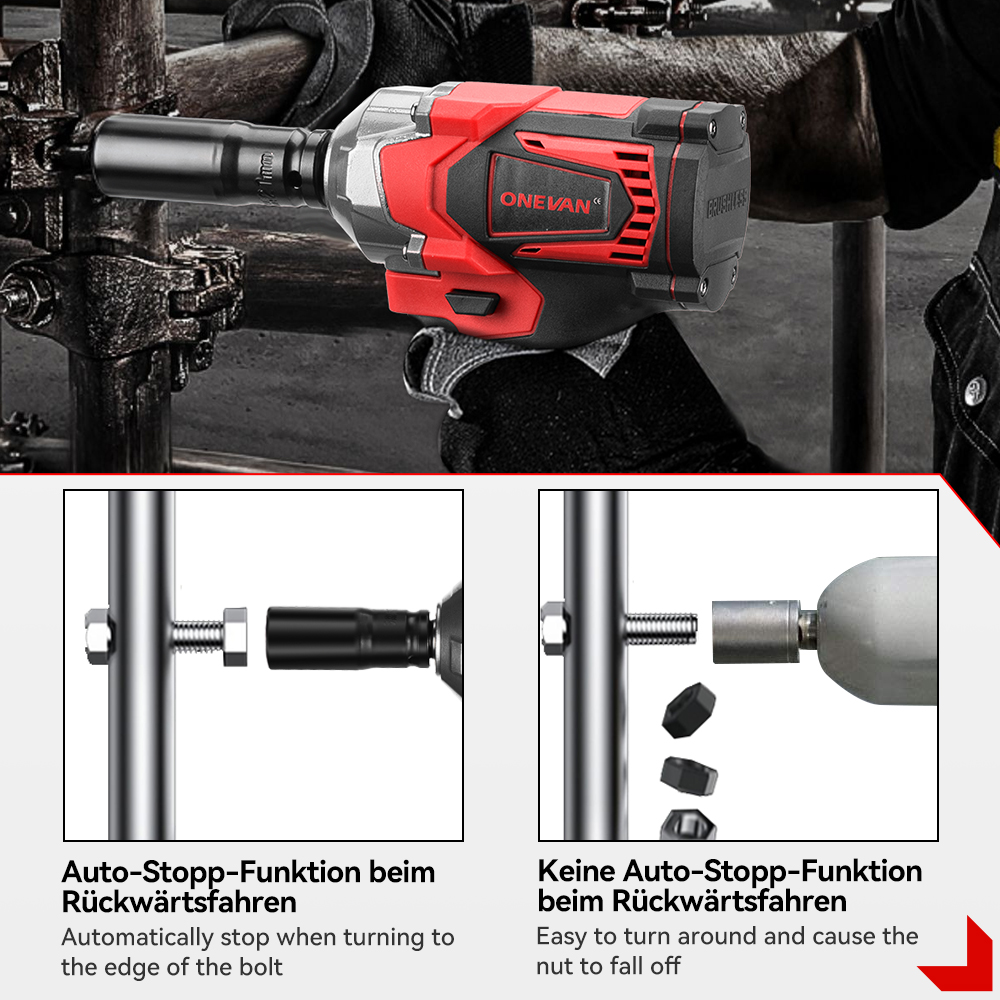 Llave de impacto roja y negra en uso, mostrando dos funciones.