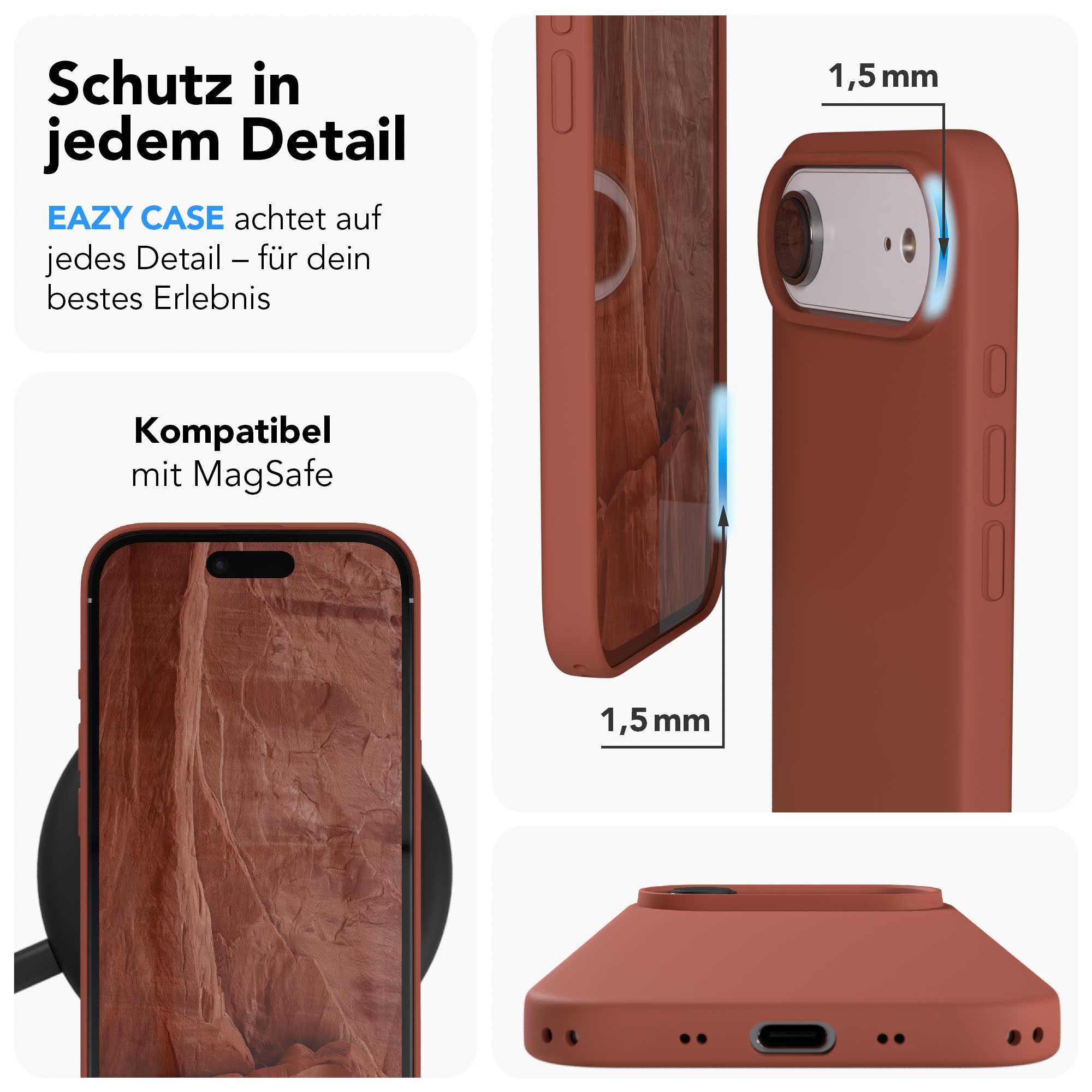 Ein rotbraunes Handycase mit Fokus auf Details, kompatibel mit MagSafe.