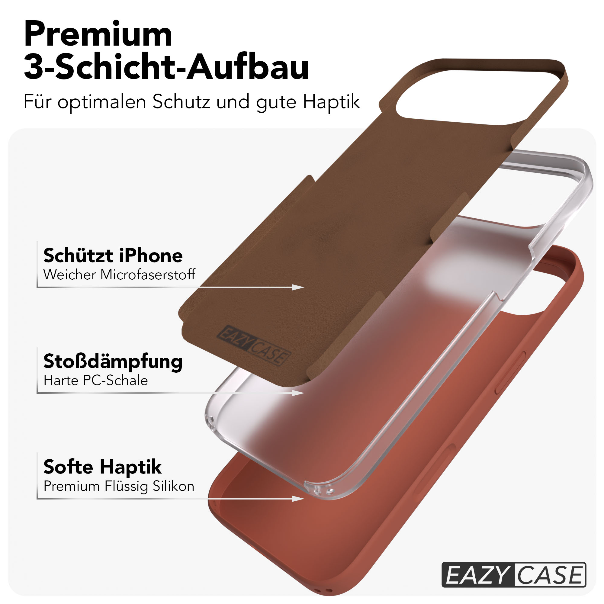 Explodierte Ansicht einer braunen und roten Handyhülle aus drei Schichten.