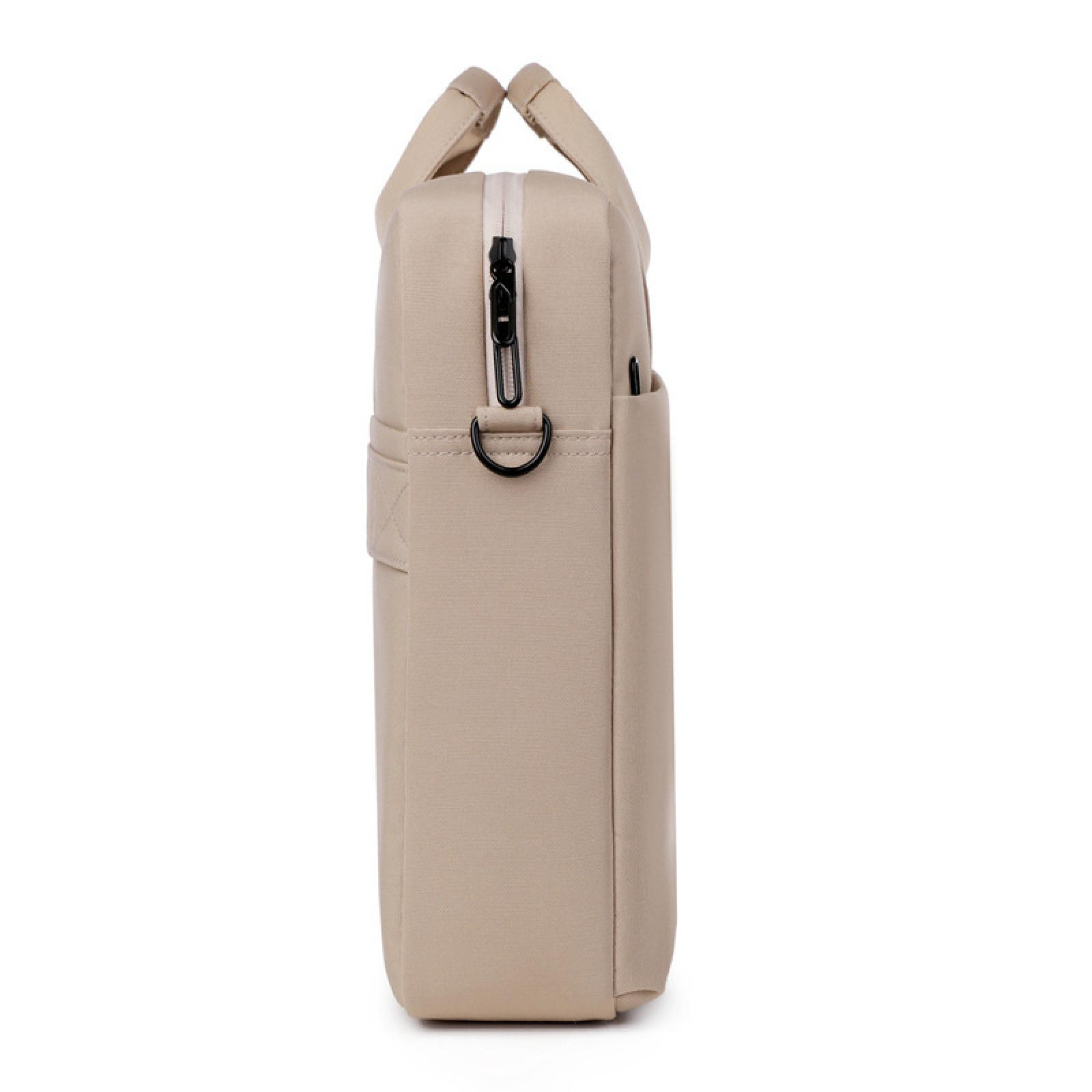 Beigefarbene Laptoptasche mit Reißverschluss und D-Ring. Seitenansicht.