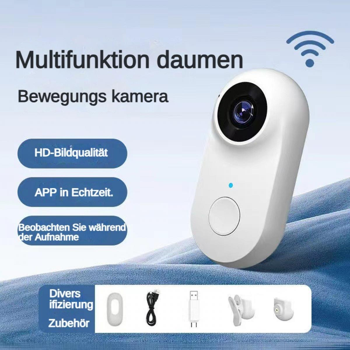 Weiße Überwachungskamera mit Zubehör und Text, die HD-Bildqualität und Echtzeit-App-Nutzung anzeigt.
