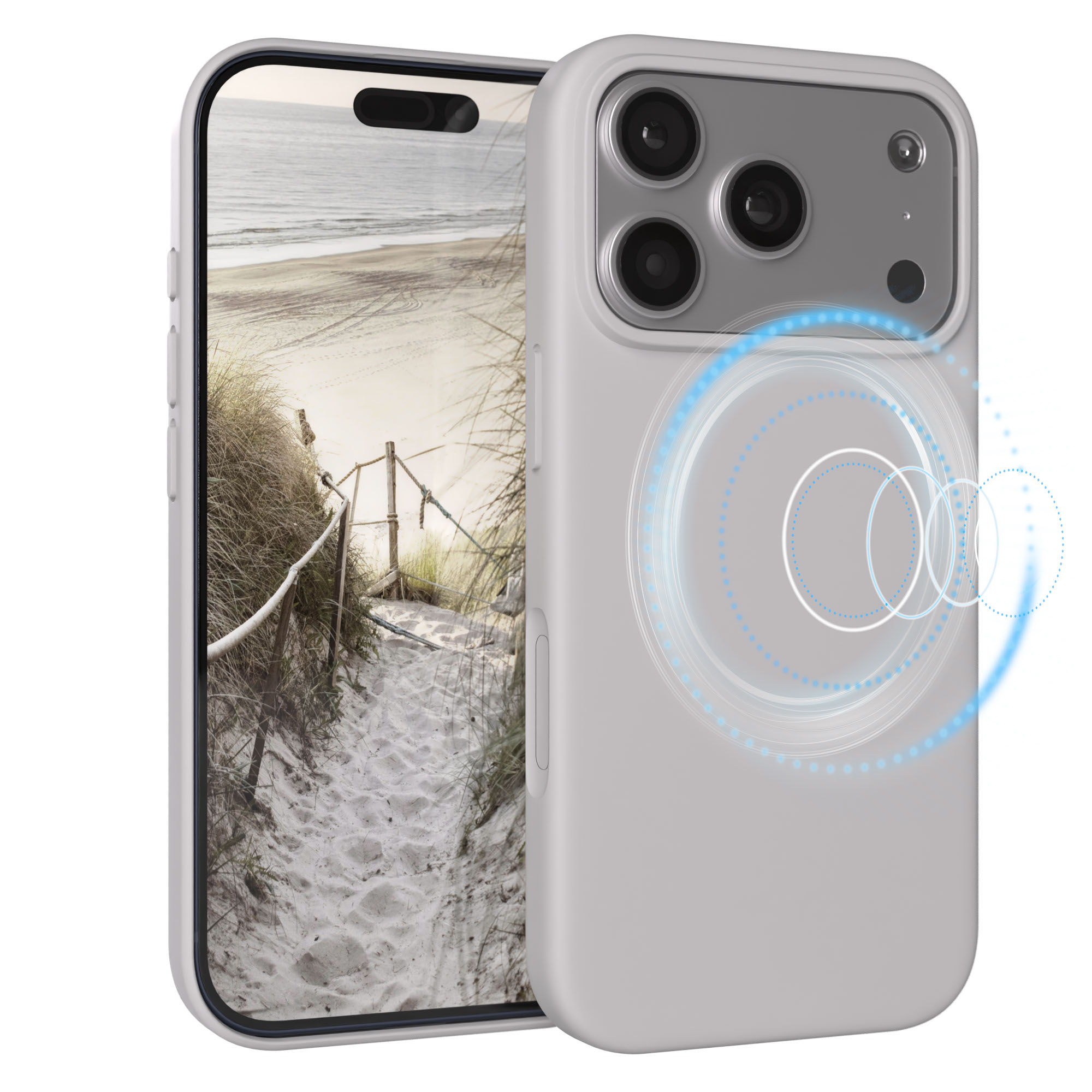 Graues Handy mit Strandmotiv auf dem Bildschirm und Kameras auf der Rückseite.