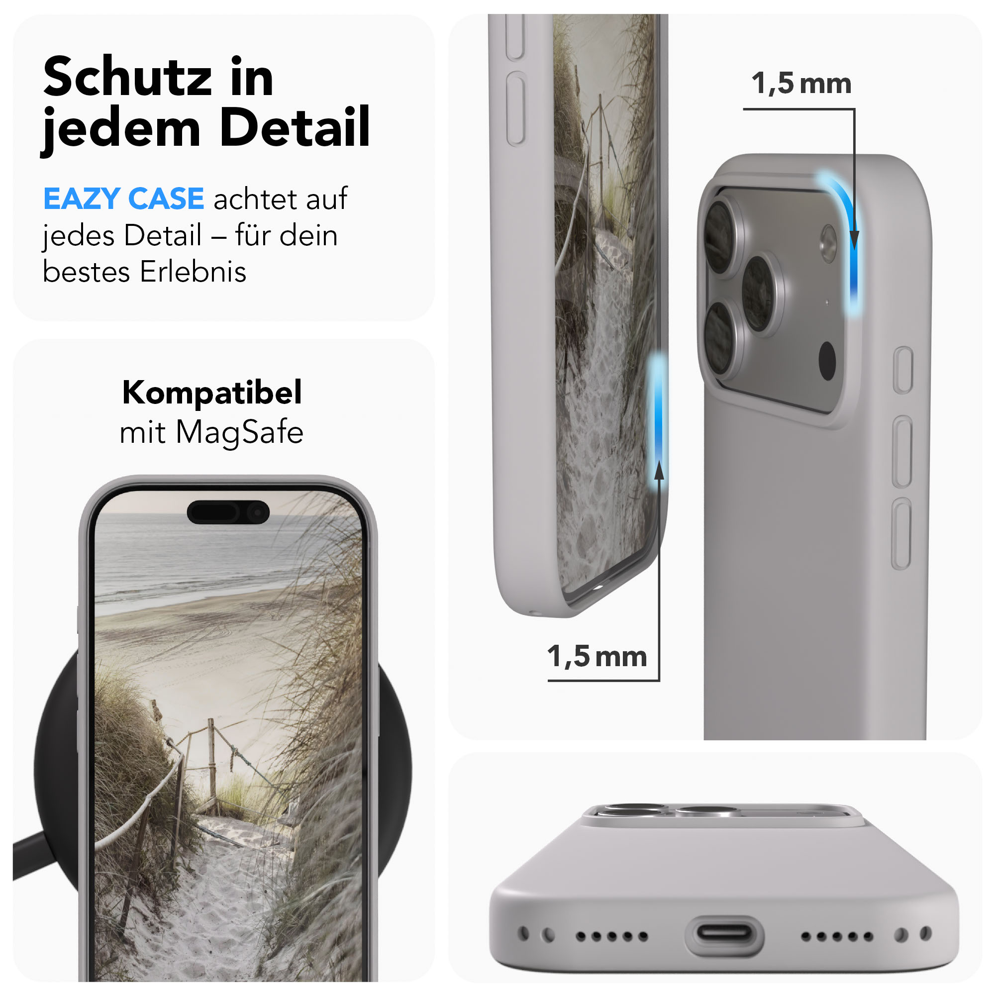 Graue Handyhülle aus mehreren Blickwinkeln, 1,5 mm Dicke und MagSafe-Kompatibilität.
