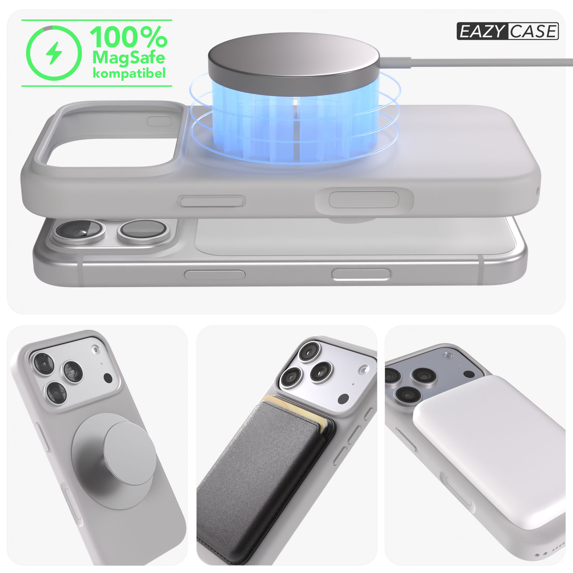 Ein graues iPhone mit einer MagSafe-Ladestation und Zubehörteilen.