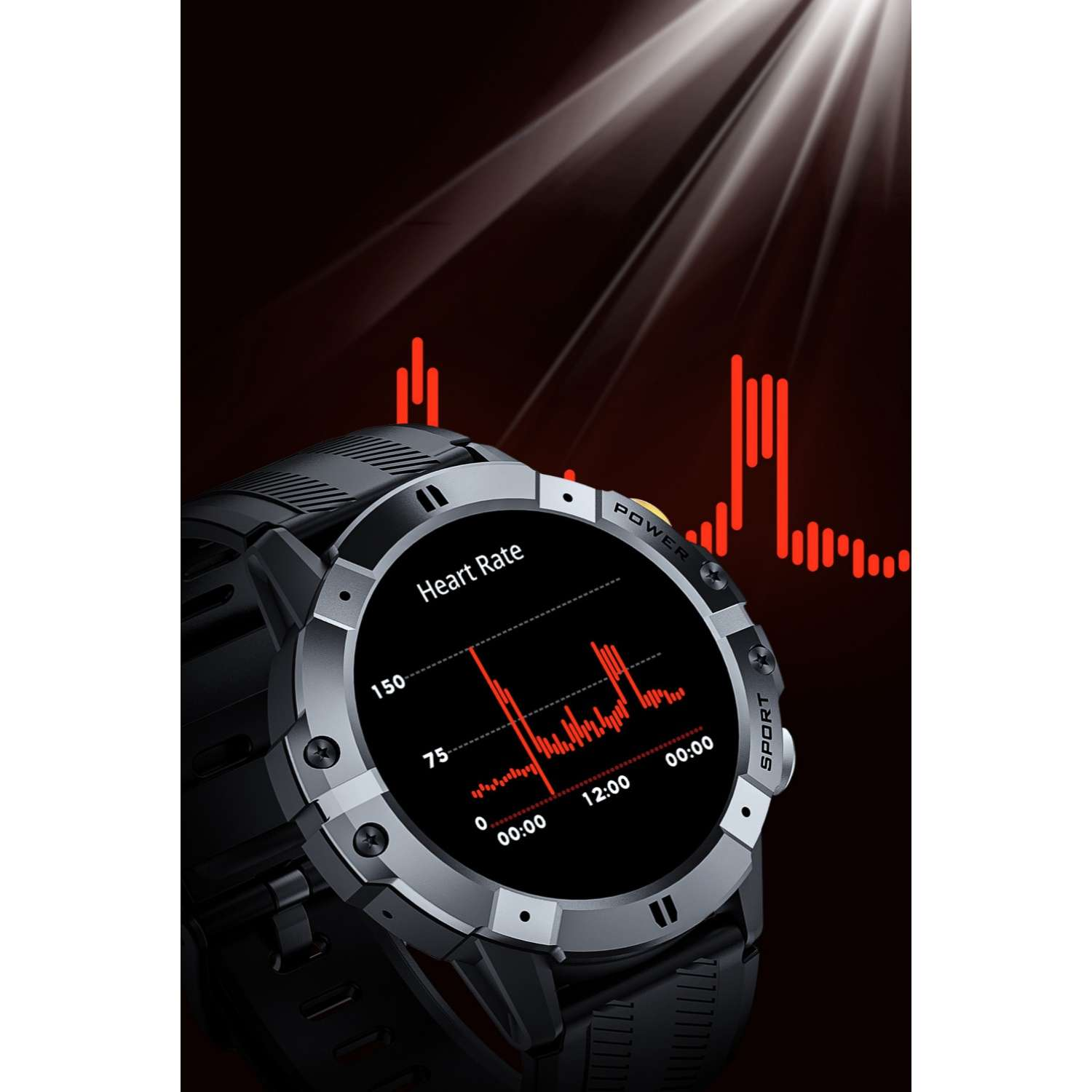 Eine Smartwatch zeigt einen Herzfrequenzverlauf mit roten Balken auf schwarzem Hintergrund.