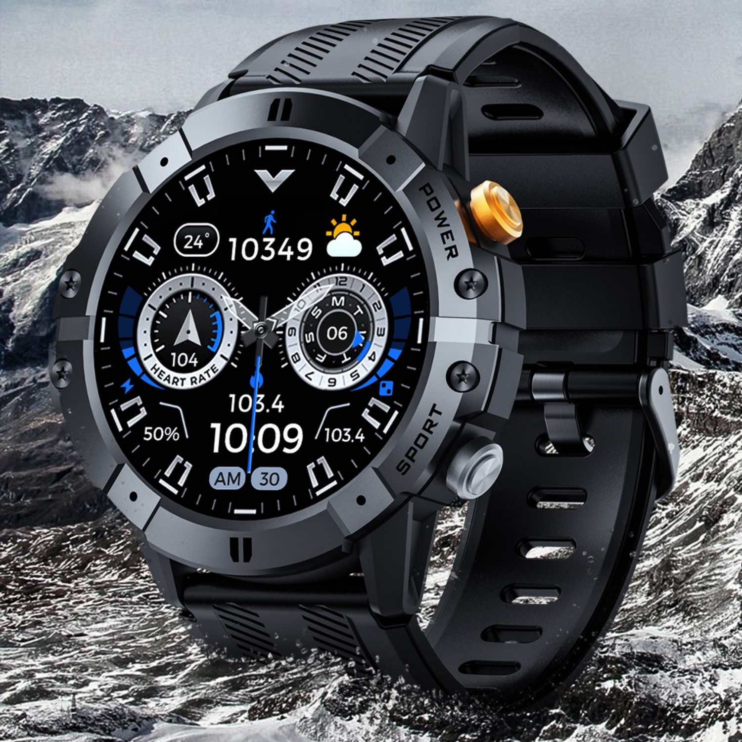 Schwarze Smartwatch mit Berg-Hintergrund. Zeigt Herzfrequenz, Schritte und Wetter an.