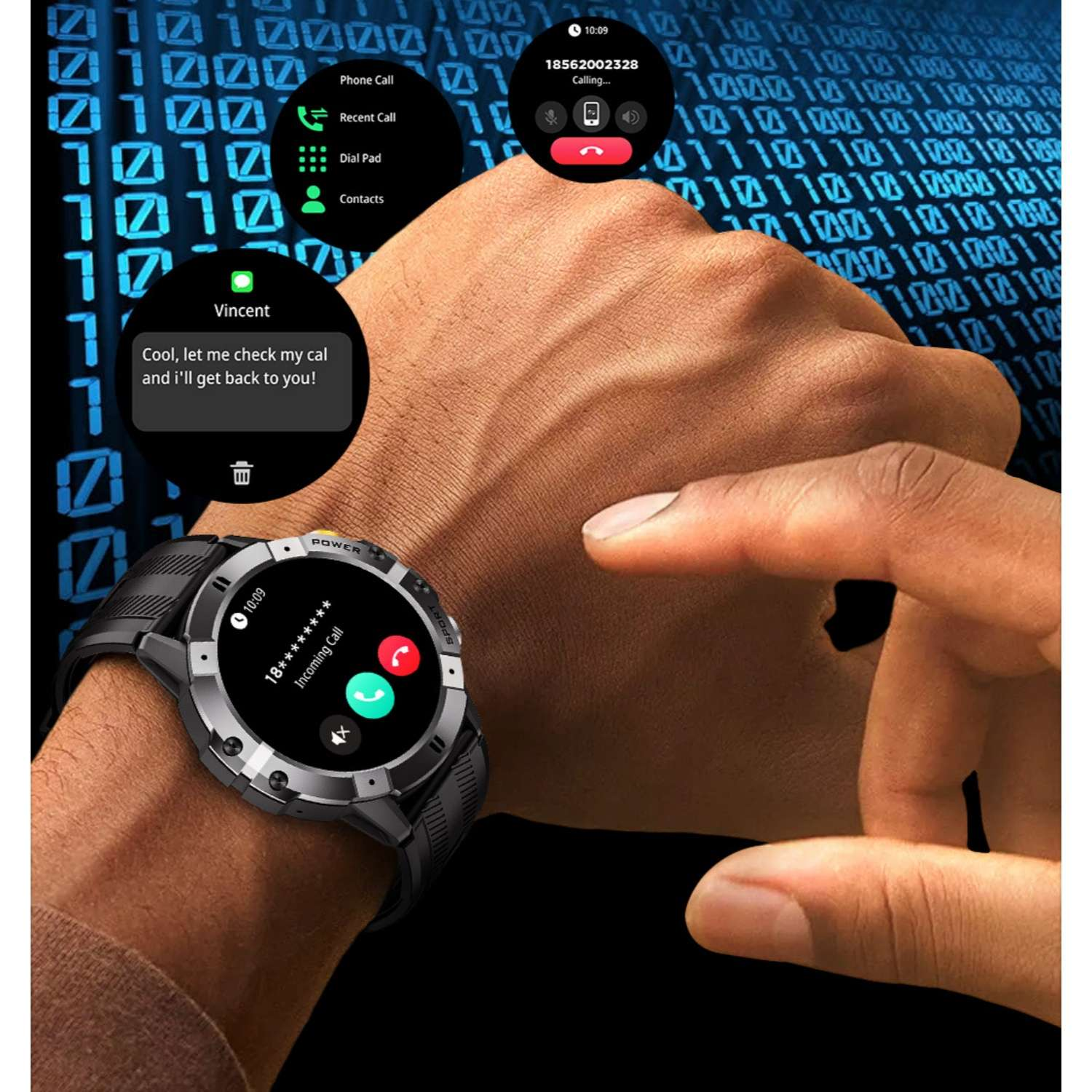 Eine Smartwatch zeigt eingehende Anrufe und Nachrichten auf einem Hintergrund aus Binärcode an.