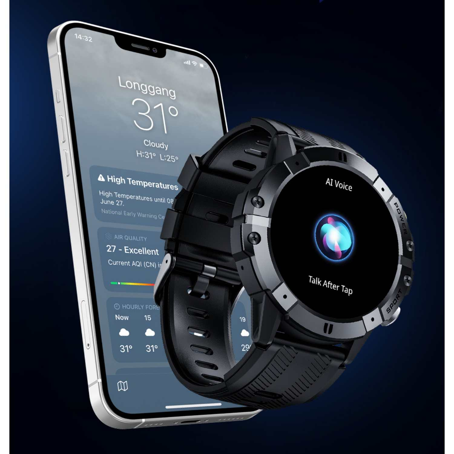 Eine Smartwatch zeigt KI-Sprachfunktionen neben einem Telefon mit Wetter und Luftqualität.